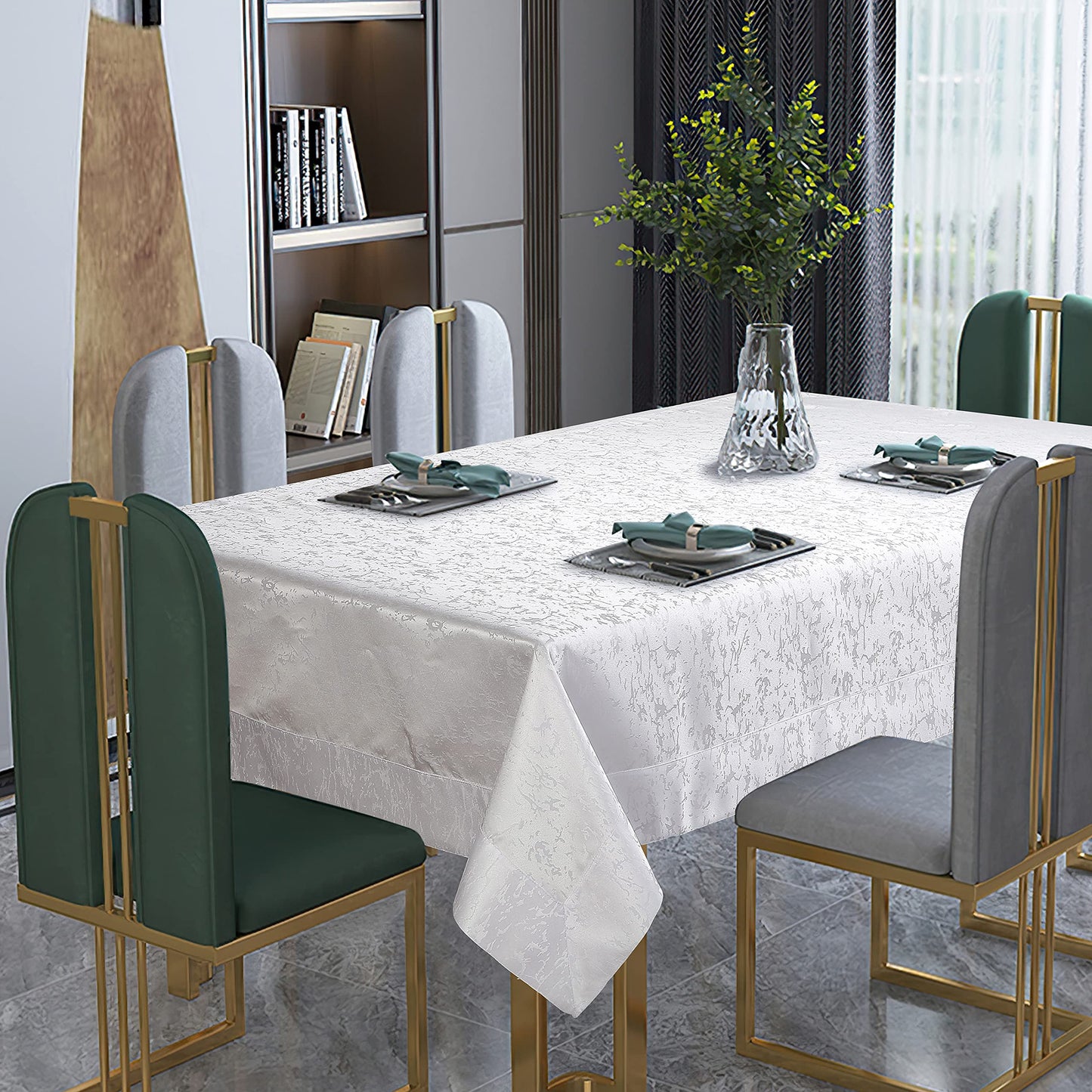 Clic Abstract Border Pattern, Polyester Woven Jacquard, Dining Room, Party Banquet and Holiday, White  52 Inch by 70 Inch, Seats 4 to 6 people, Rectangular Tablecloths