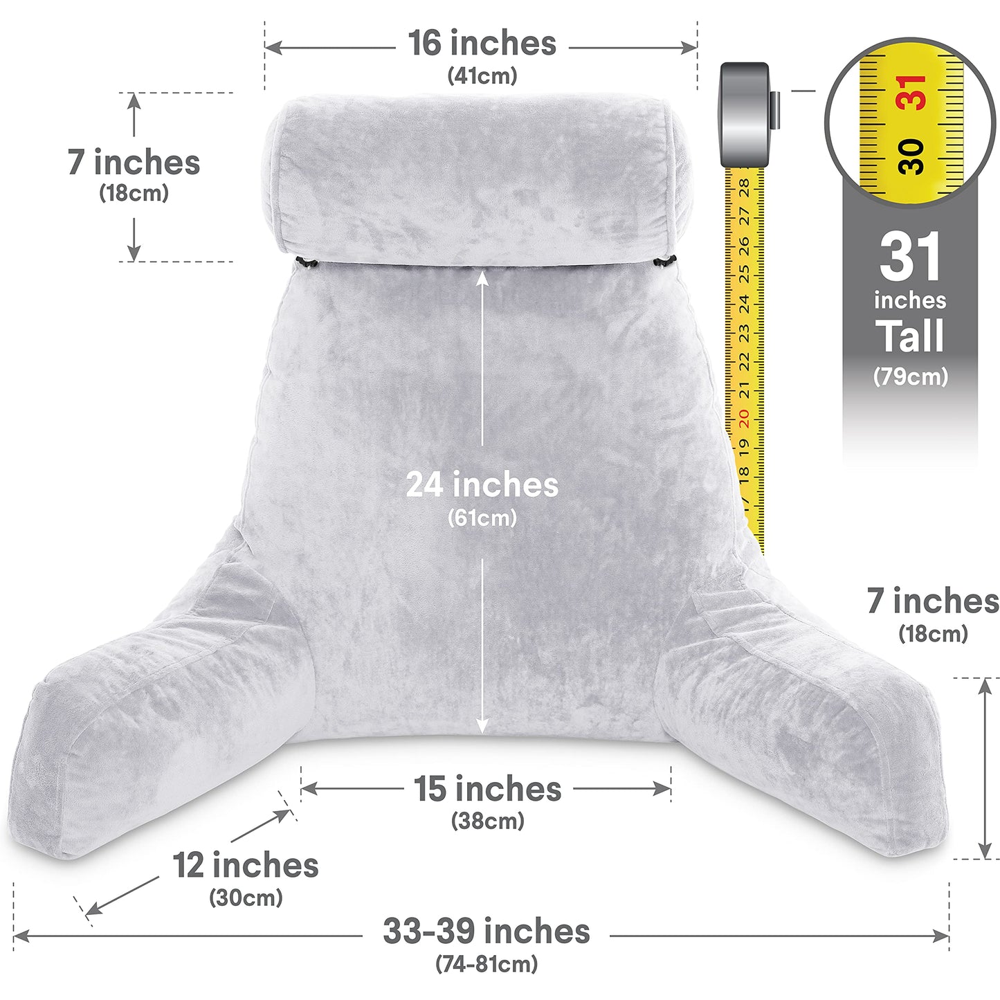 XXL Light Grey Backrest with Arms Adult Reading Shredded Memory Foam, Ultra-Comfy Removable Microplush Cover Detachable Neck Roll, Unmatched Support Sit Up Bed Rest Chair