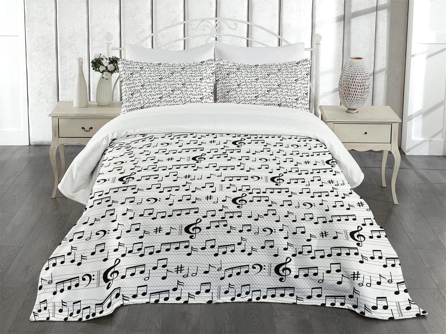 Music Bedspread, Abstract Style Professional Music Pattern with Notes and Clef Sheet Play Writing, Decorative Quilted 2 Piece Coverlet Set with Pillow Sham, Twin Size, White Dark Grey