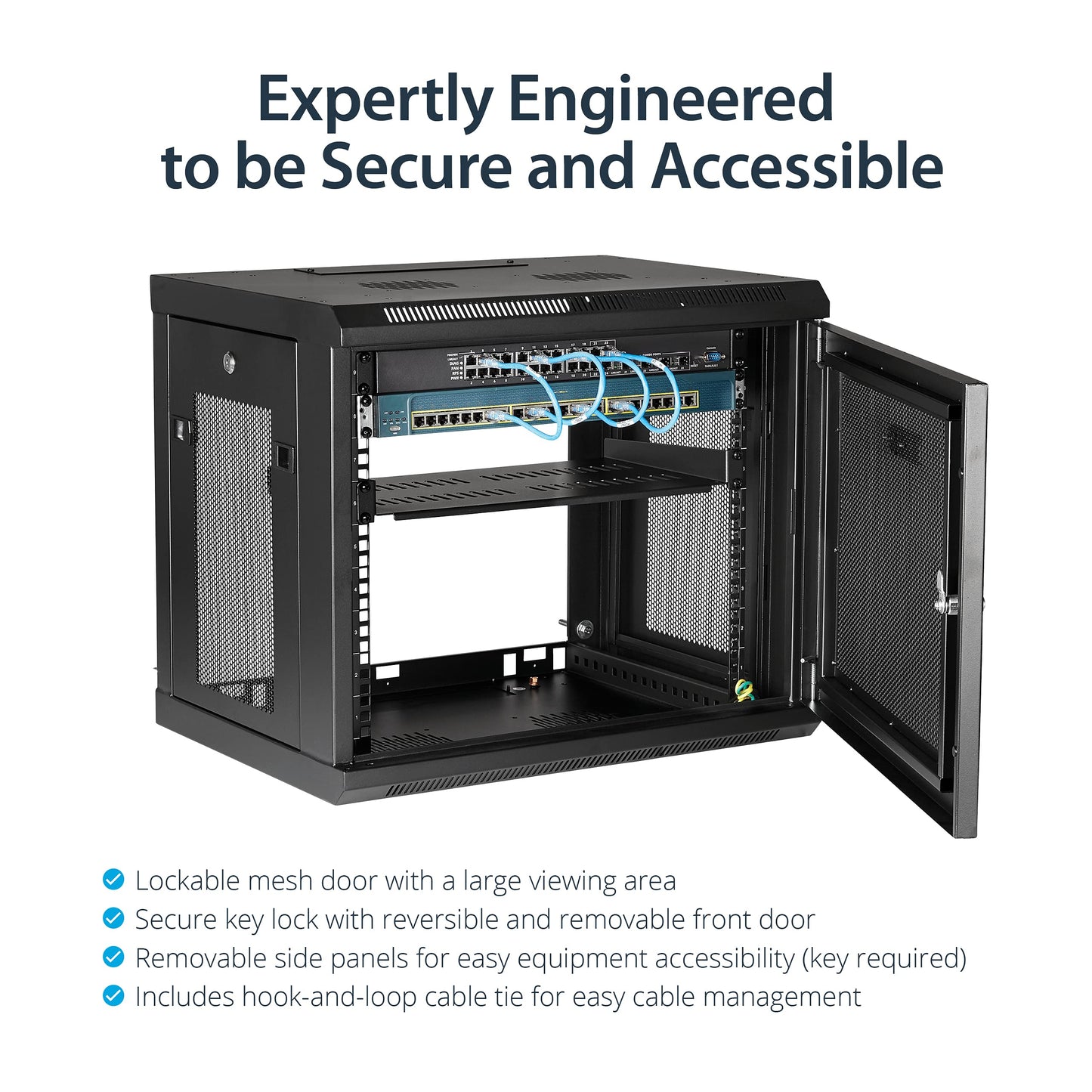 2 Post 9U 19" Wall Mount Network Cabinet - Adjustable Depth 6-15"- Locking IT Switch Depth Enclosure - Vented Computer/Electronics Equipment Data Rack w/Shelf & Hook & Loop Tape (RK9WALM)