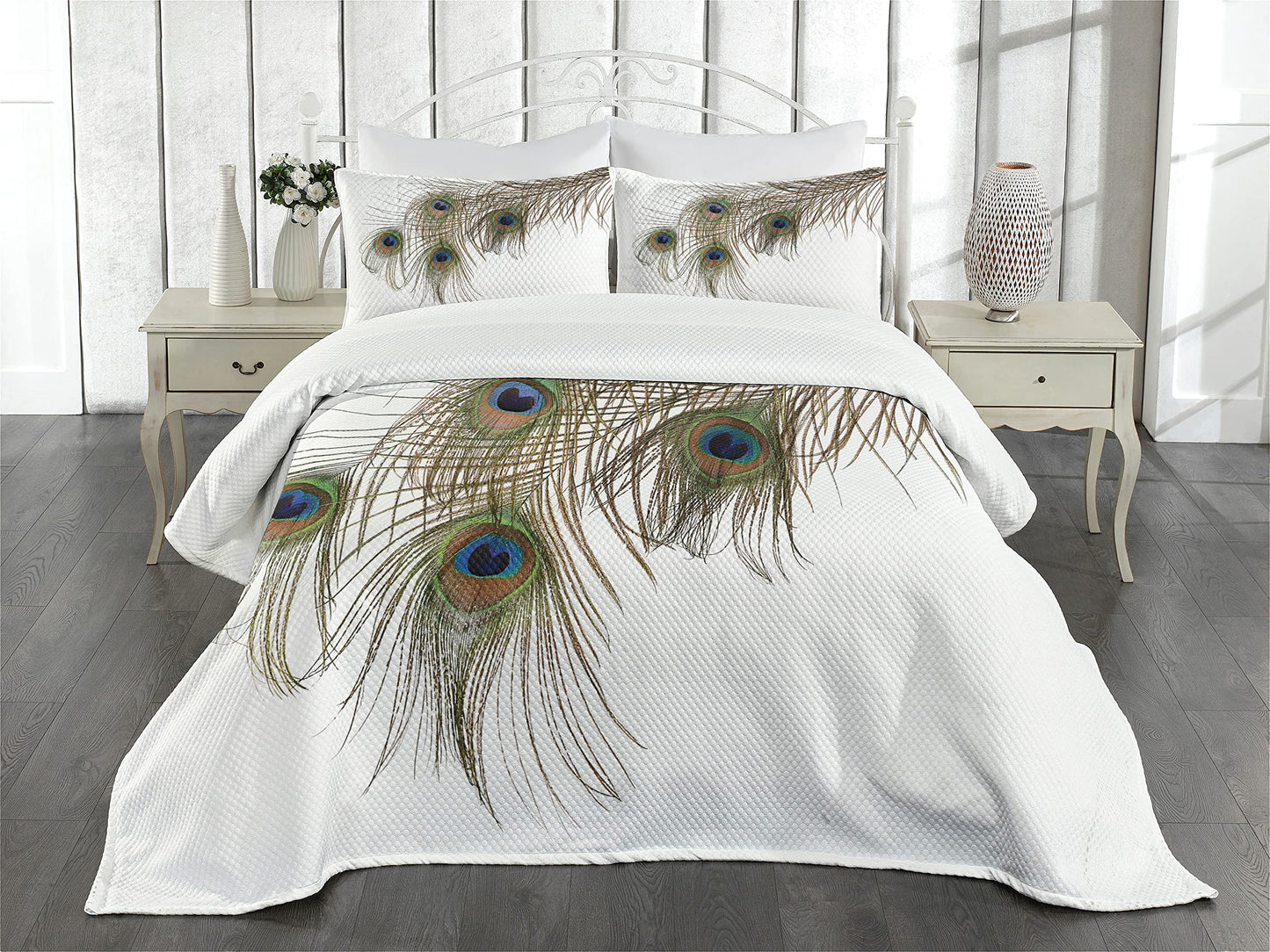 Peacock Bedspread, of Peacock Power Rising Out of Theshes Creature, Decorative Quilted 3 Piece Coverlet Set with 2 Pillow Shams, Queen Size, White Green