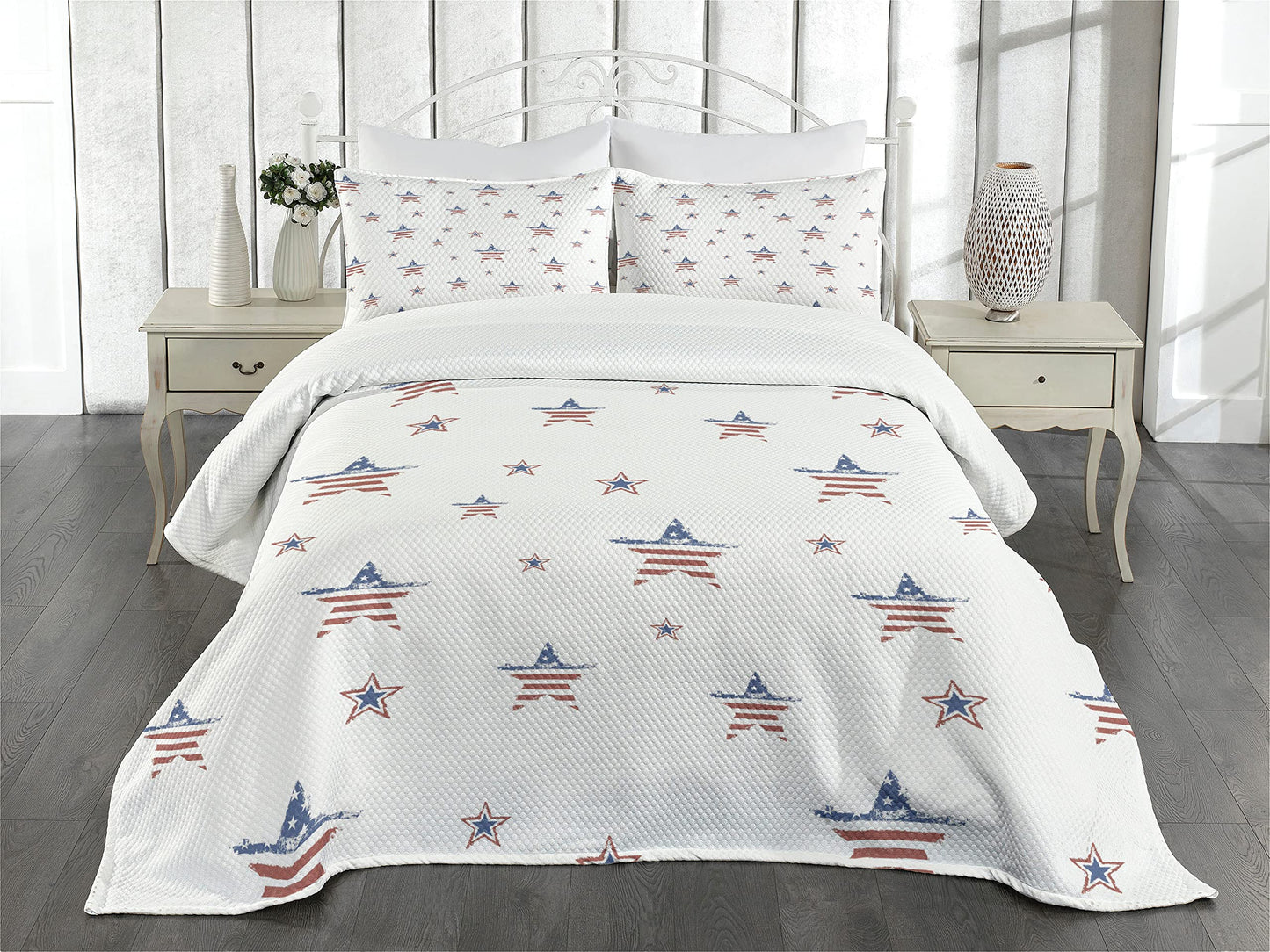 4th of July Bedspread, Scattered Stars with Flag Motifs Independence Day Theme, Decorative Quilted 3 Piece Coverlet Set with 2 Pillow Shams, Queen Size, Ruby Navy Blue White