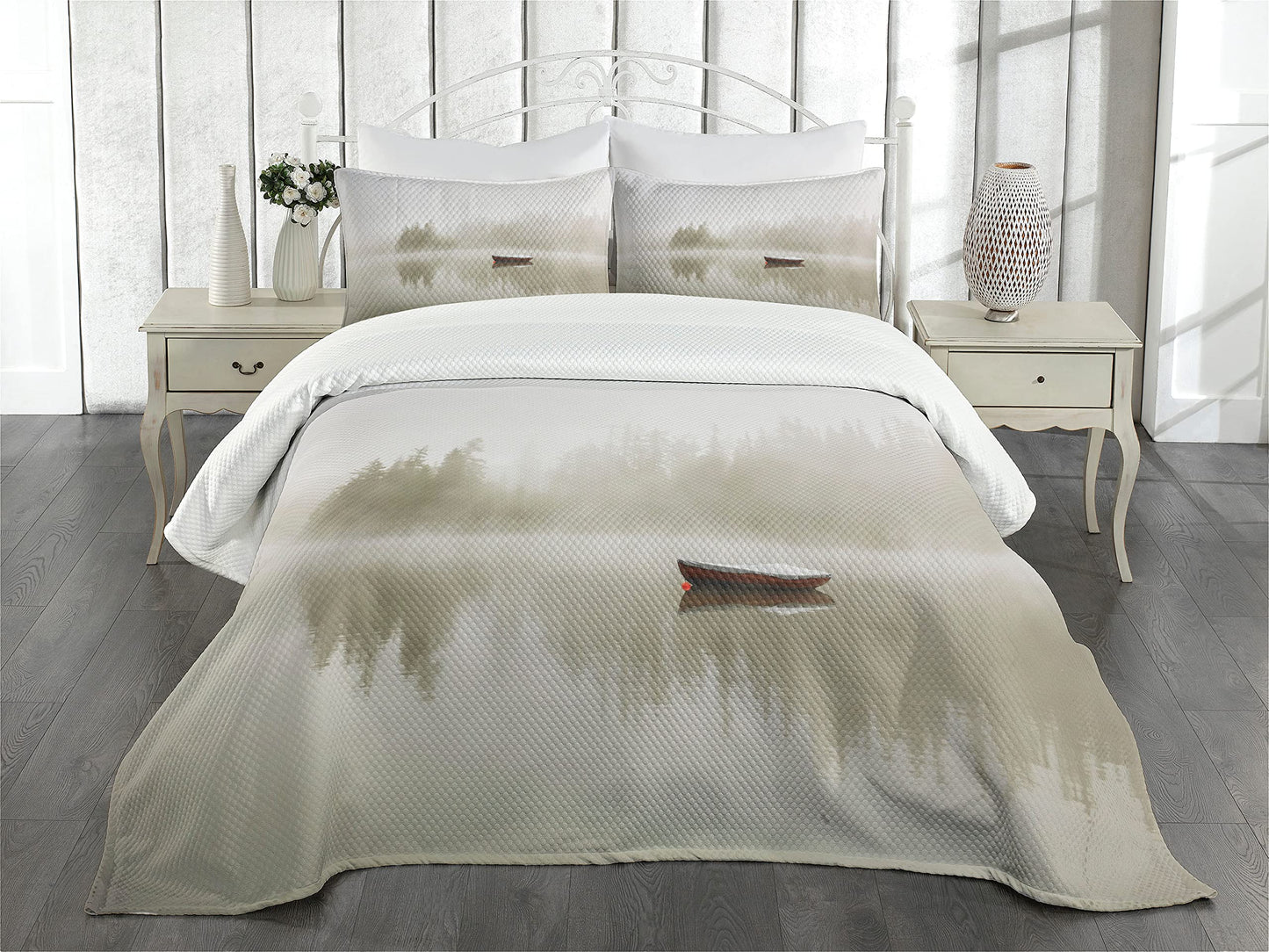 Landscape Bedspread, Boat on The Lake with Silhouettes of Trees on The Water Sky Nature Art, Decorative Quilted 2 Piece Coverlet Set with Pillow Sham, Twin Size, Eggshell Brown