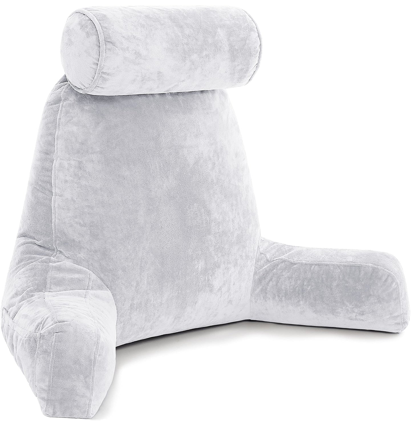 XXL Light Grey Backrest with Arms Adult Reading Shredded Memory Foam, Ultra-Comfy Removable Microplush Cover Detachable Neck Roll, Unmatched Support Sit Up Bed Rest Chair