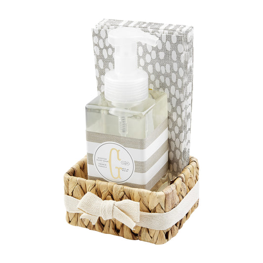 Letter G Initial French Vanilla Scented Hand Soap  Towel Basket Set, soap 17 oz  Napkins 7 3/4" x 4" 2 1/2" x 4 1/4" x 3 1/2"