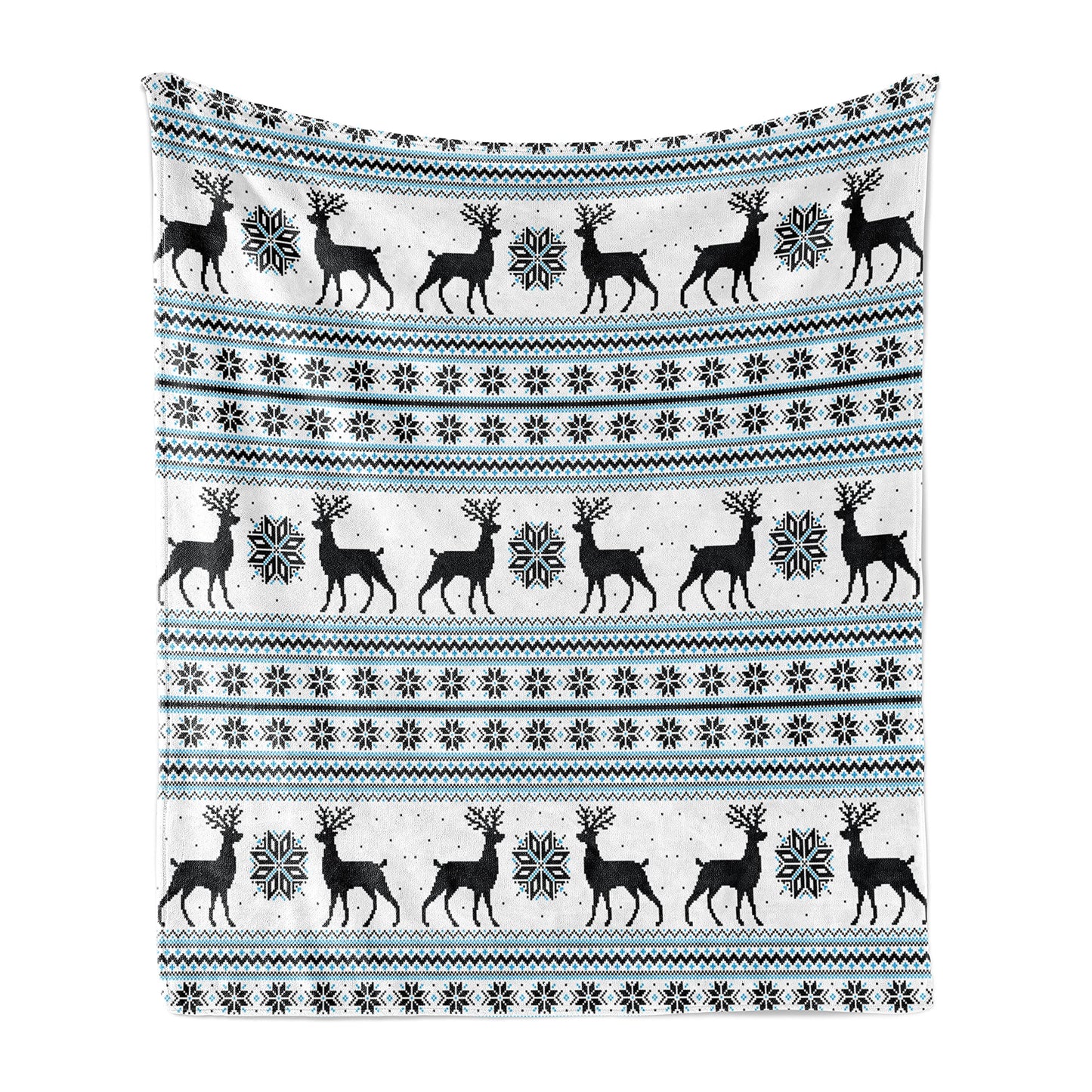Nordic Throw Blanket, Chevron Zigzags Winter Floral Arrangement Norwegian Reindeer Snow Pattern, Flannel Fleece Accent Piece Soft Couch Cover for Adults, 60" x 80", Black White Sky Blue
