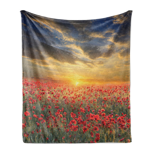 Flower Throw Blanket, Poppy Field Sunset Sky Evening View Golden Yellow Sun Rays Dark Clouds Graphic Art, Flannel Fleece Accent Piece Soft Couch Cover for Adults, 50" x 60", Vermilion