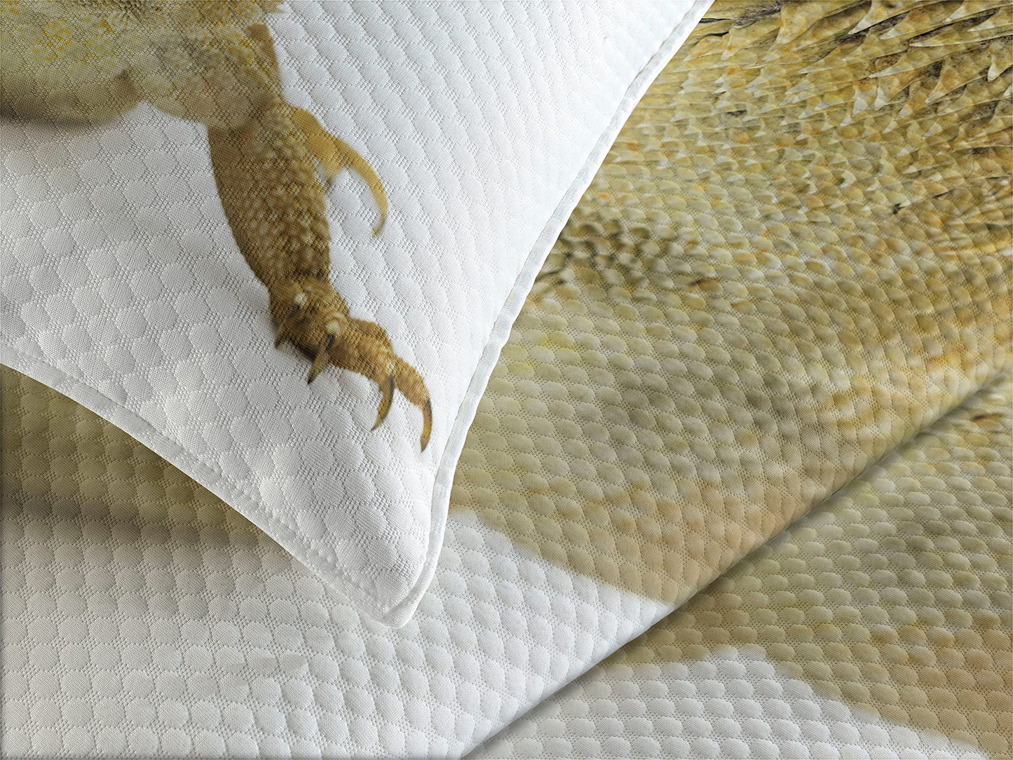 Bearded Dragon Bedspread, Camouflaging Lizard Wild Tropical Animal Reptilian Photo Print, Decorative Quilted 3 Piece Coverlet Set with 2 Pillow Shams, Queen Size, White Pale Khaki