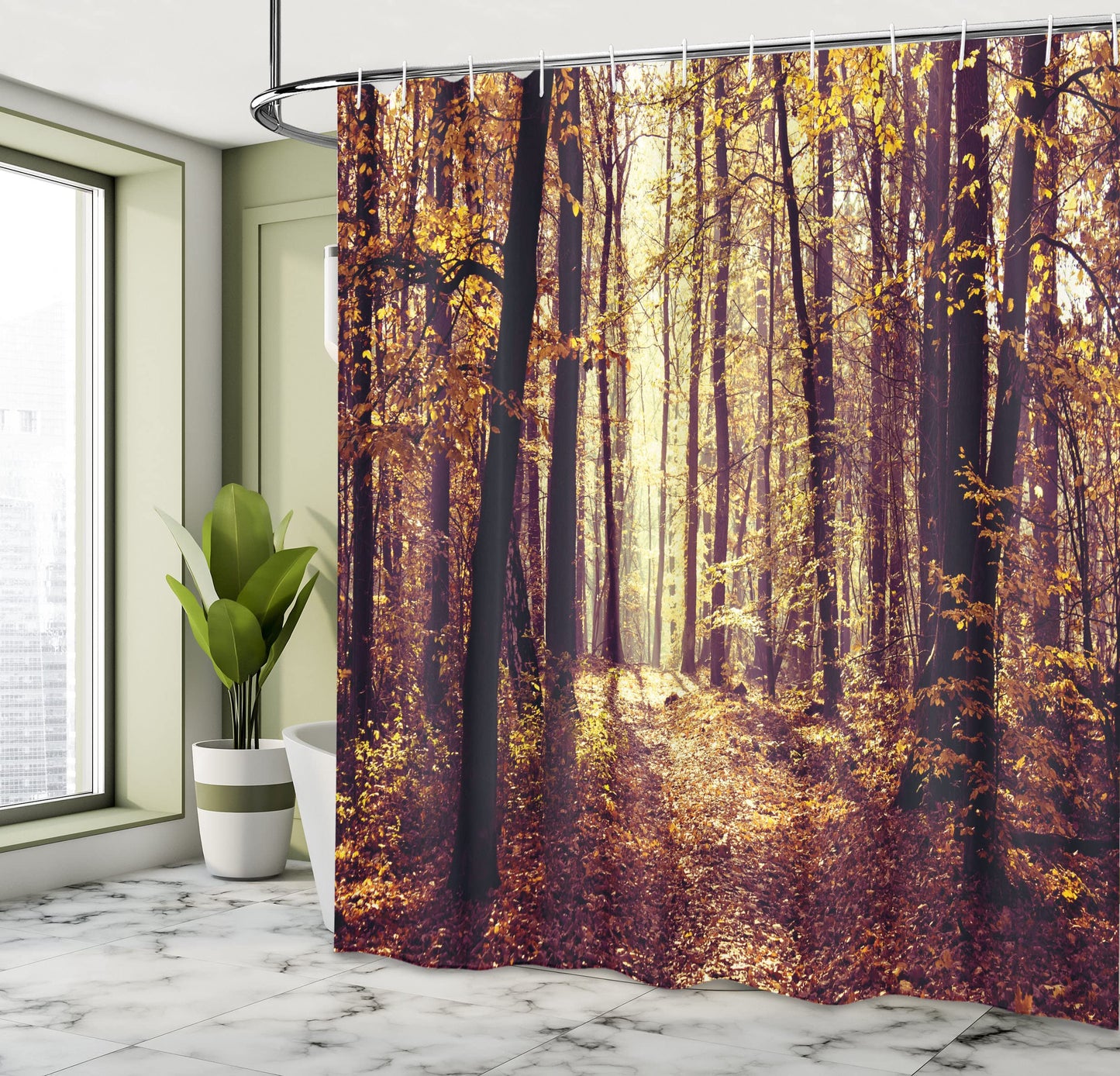 Forest Shower Curtain, Mys ous Atmosphere Misty Woods Tree Nature Landscape Image, Cloth Fabric Bathroom Decor Set with Hooks, 69" W x 84" L, Olive Brown