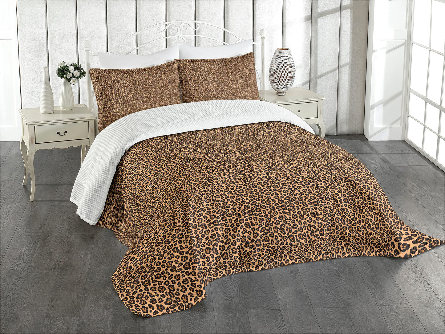 Leopard Print Bedspread, Pale Orange Background with Leopard Spots Illustration Exotic Fauna Pattern, Decorative Quilted 3 Piece Coverlet Set with 2 Pillow Shams, King Size, Orange Black