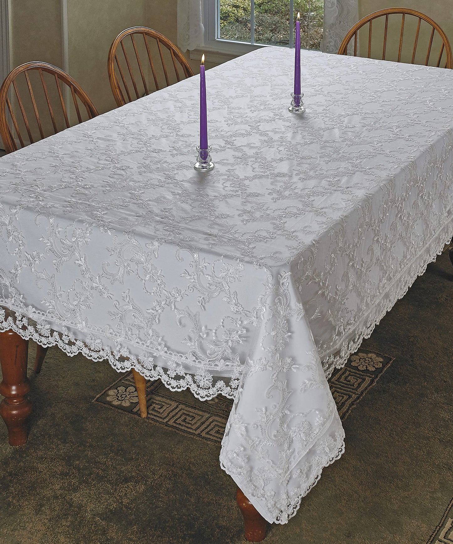 Royal Bridal Damask Pattern Polyester Embroidered Lace Tablecloths, 70" X 140", Cream