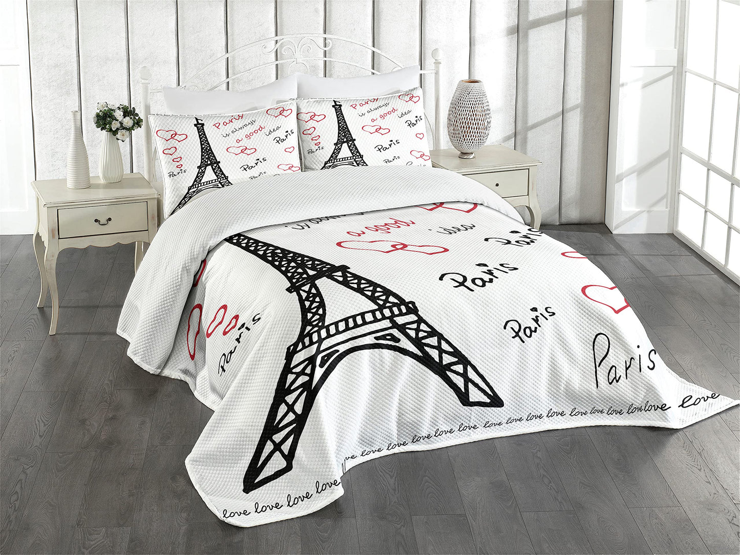 Eiffel Tower Bedspread, Eiffel Tower Paris is Always an Idea Tourism Locations Love, Decorative Quilted 2 Piece Coverlet Set with Pillow Sham, Twin Size, Red Black