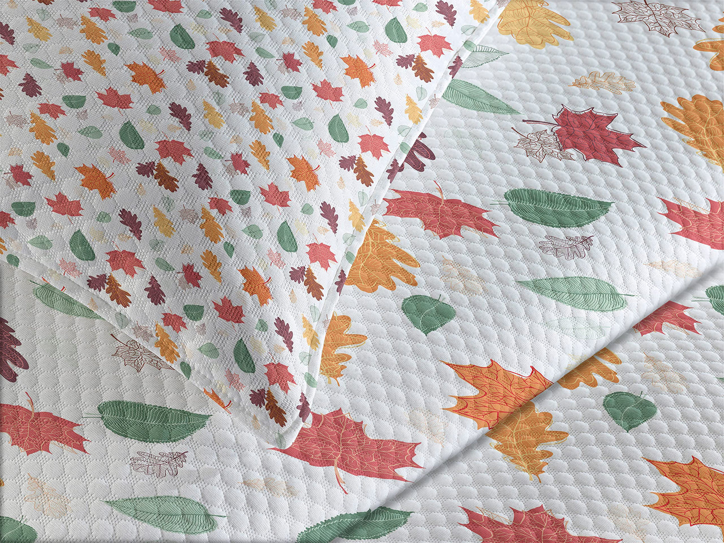 Fall Leaves Bedspread, Hand Dr n Leaves Pattern Autumn Shades October Vibes and Floral, Decorative Quilted 3 Piece Coverlet Set with 2 Pillow Shams, Queen Size, Maroon Teal