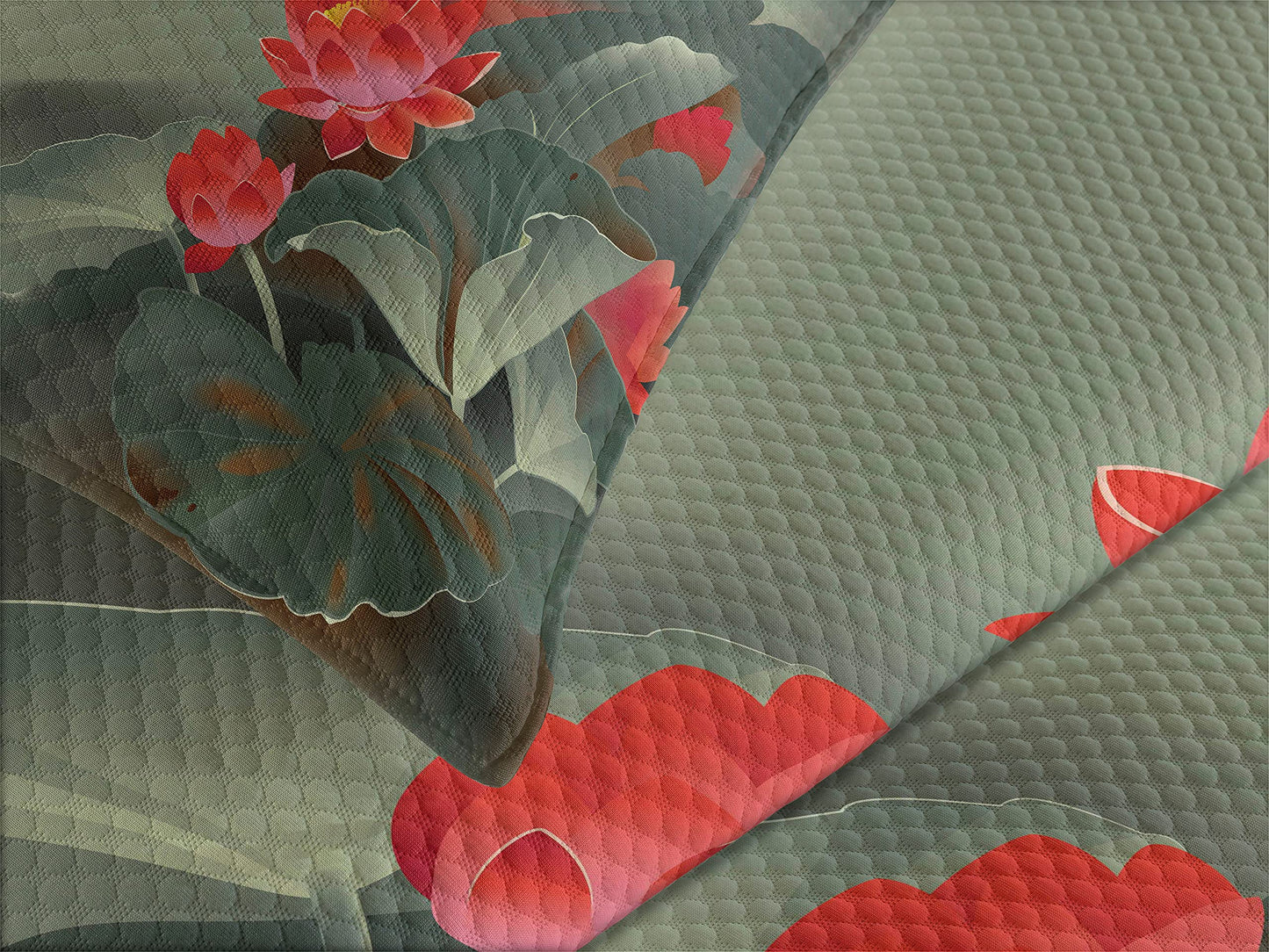 Dragonfly Bedspread, Traditional Painting with Lotus Blooms in Hazy Tones Design, Decorative Quilted 3 Piece Coverlet Set with 2 Pillow Shams, King Size, Red Green