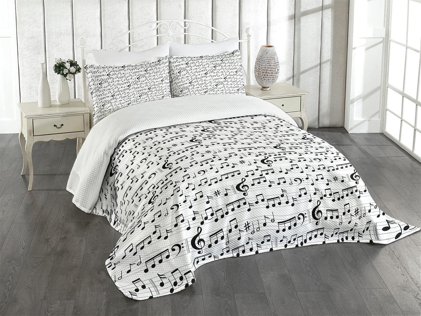 Music Bedspread, Abstract Style Professional Music Pattern with Notes and Clef Sheet Play Writing, Decorative Quilted 2 Piece Coverlet Set with Pillow Sham, Twin Size, White Dark Grey