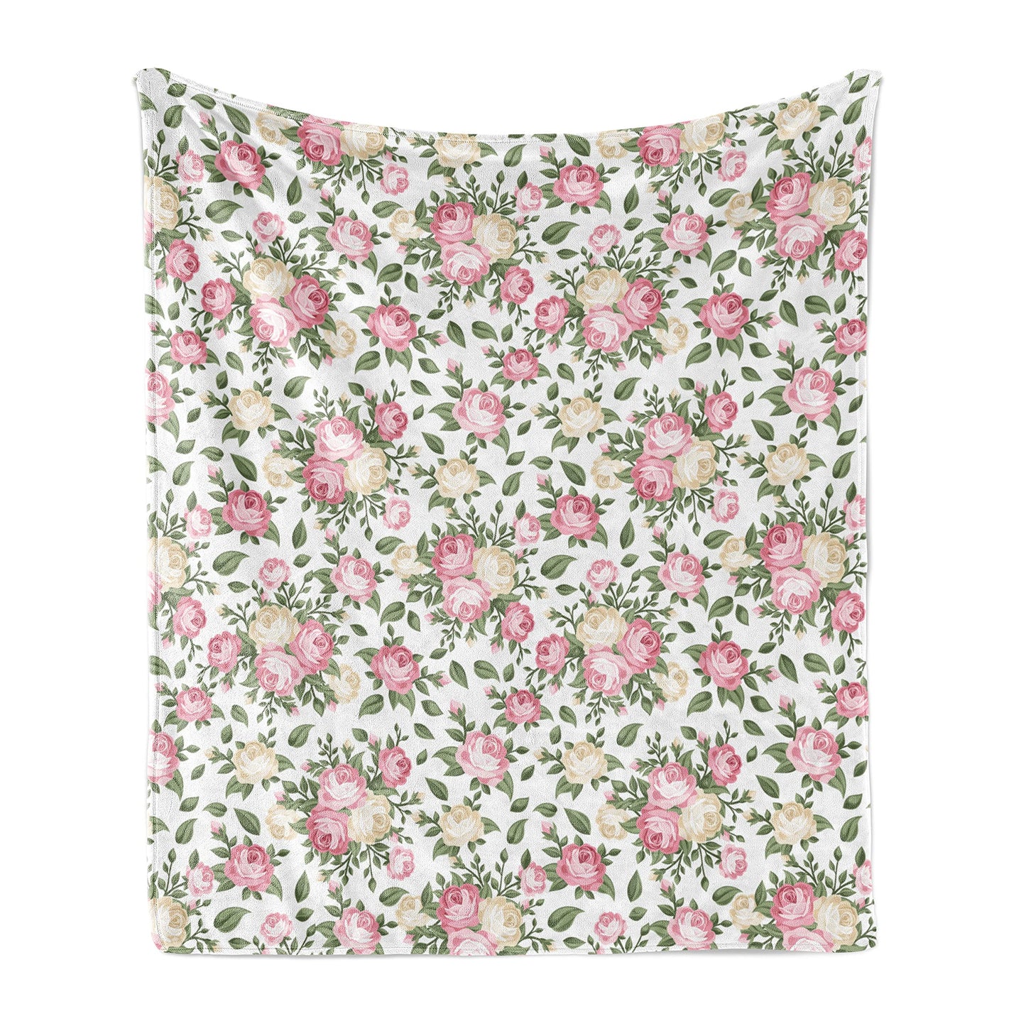 Flower Throw Blanket, Roses Rosebuds Leaves Bouquet Flower Arrangements Bridal Victorian Style, Flannel Fleece Accent Piece Soft Couch Cover for Adults, 50" x 60", White Pink