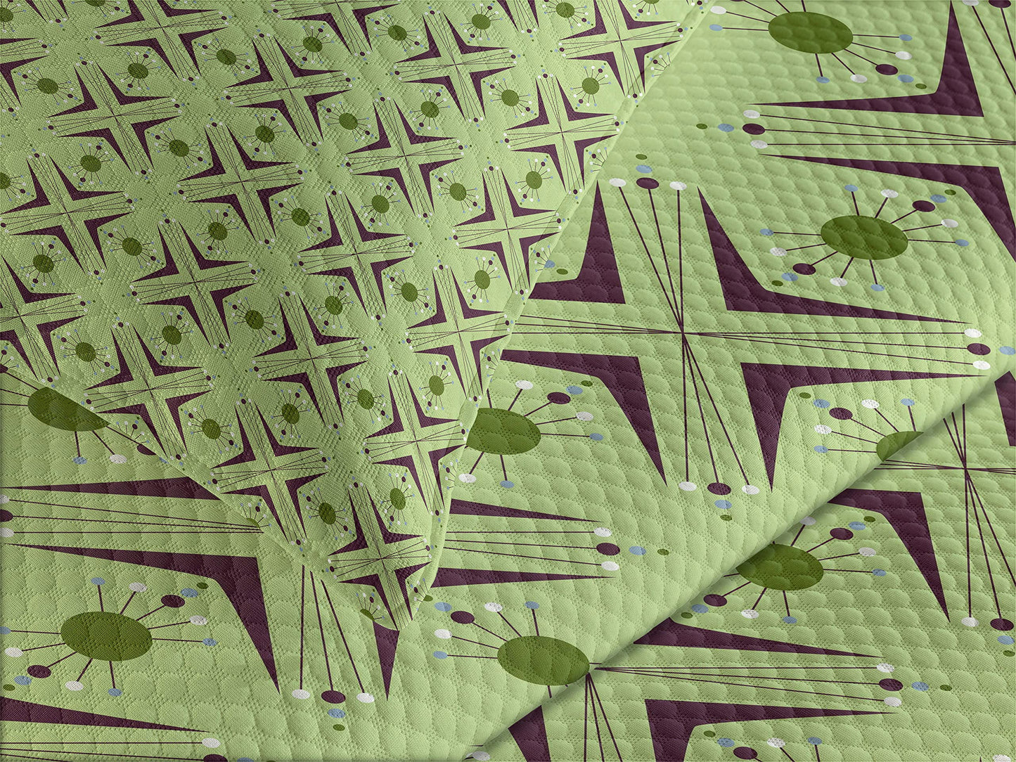 Mid Century Bedspread, Atomic Form Boomerang Details Dots and Crossed Lines, Decorative Quilted 3 Piece Coverlet Set with 2 Pillow Shams, Queen Size, Green Plum