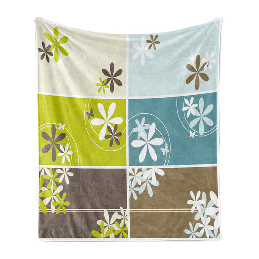 Floral Soft Flannel Fleece Throw Blanket, Abstract Spring Inspired Set with Blossoms and Rectangles Geometric Retro Style, Cozy Plush for Indoor and Outdoor Use, 50" x 60", Pale Blue