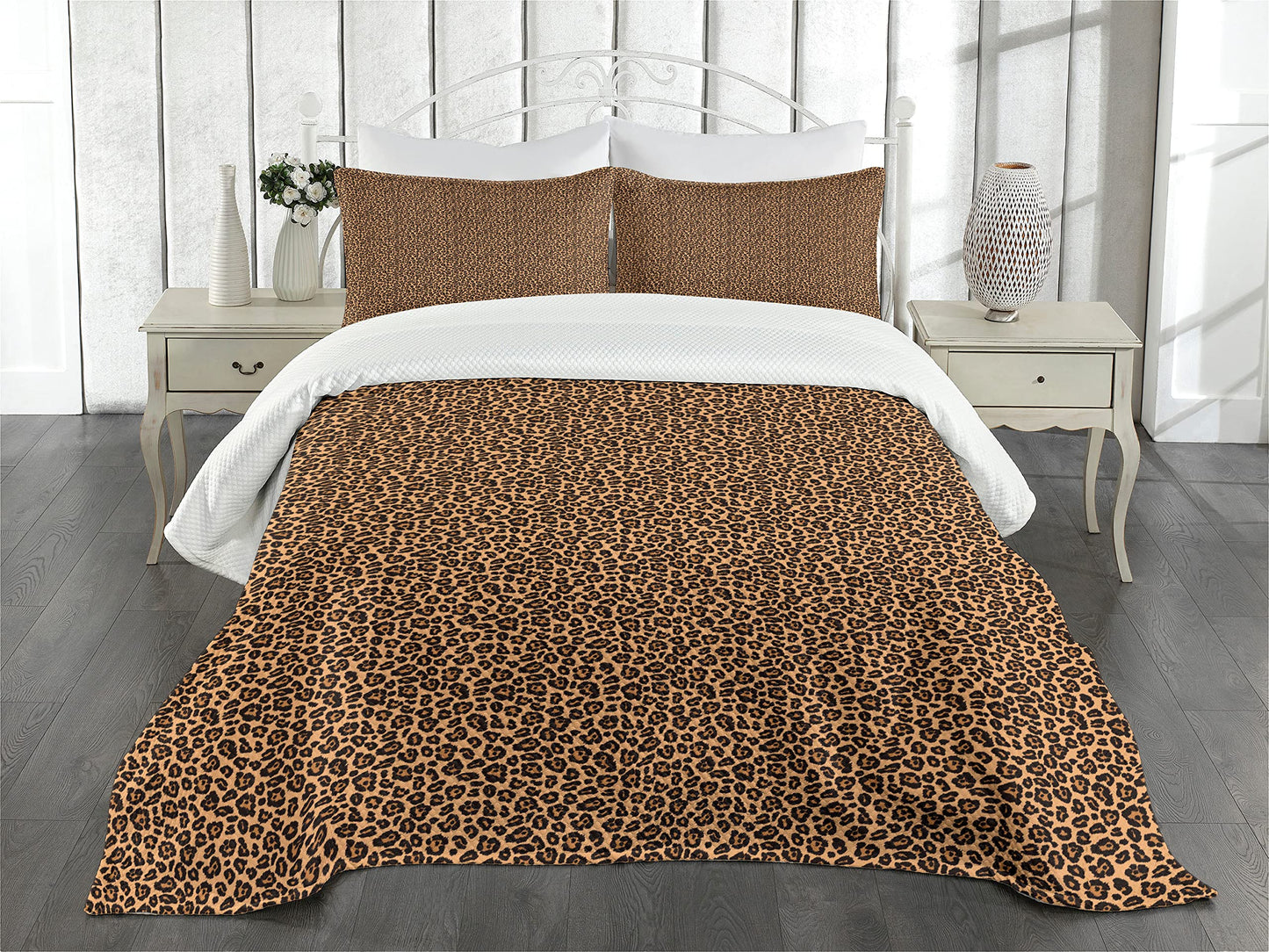 Leopard Print Bedspread, Pale Orange Background with Leopard Spots Illustration Exotic Fauna Pattern, Decorative Quilted 3 Piece Coverlet Set with 2 Pillow Shams, King Size, Orange Black