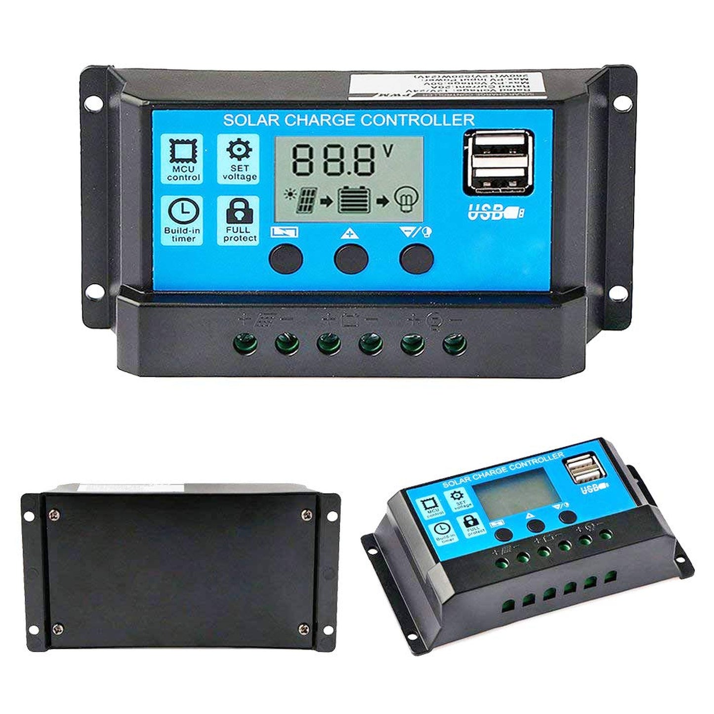 Compact 30A PWM Solar Charge Controller with LCD Display and Dual USB Ports