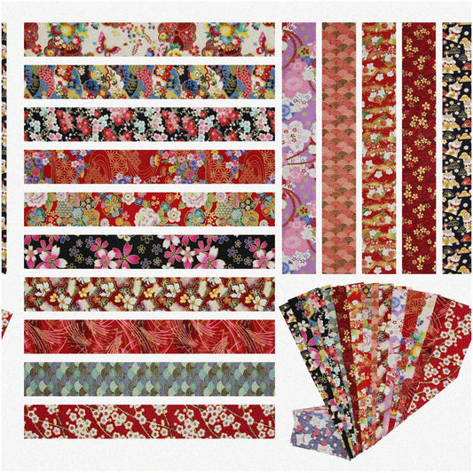 15Pcs Cotton Fabric Strips 6.5x50cm Red and Bronzing Patterns