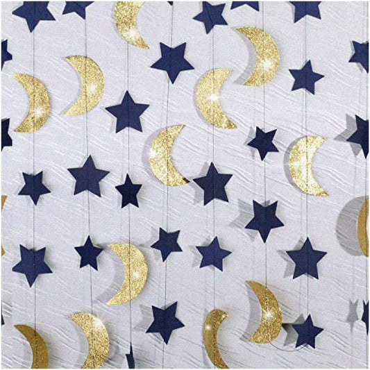 Navy Blue and Gold Star Moon Garland, 8 ft, 2 pcs