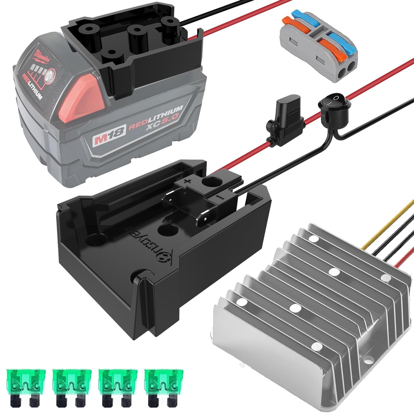 Milwaukee 18V to 12V DC Power Converter with Fuse and Switch for Toys and Lights