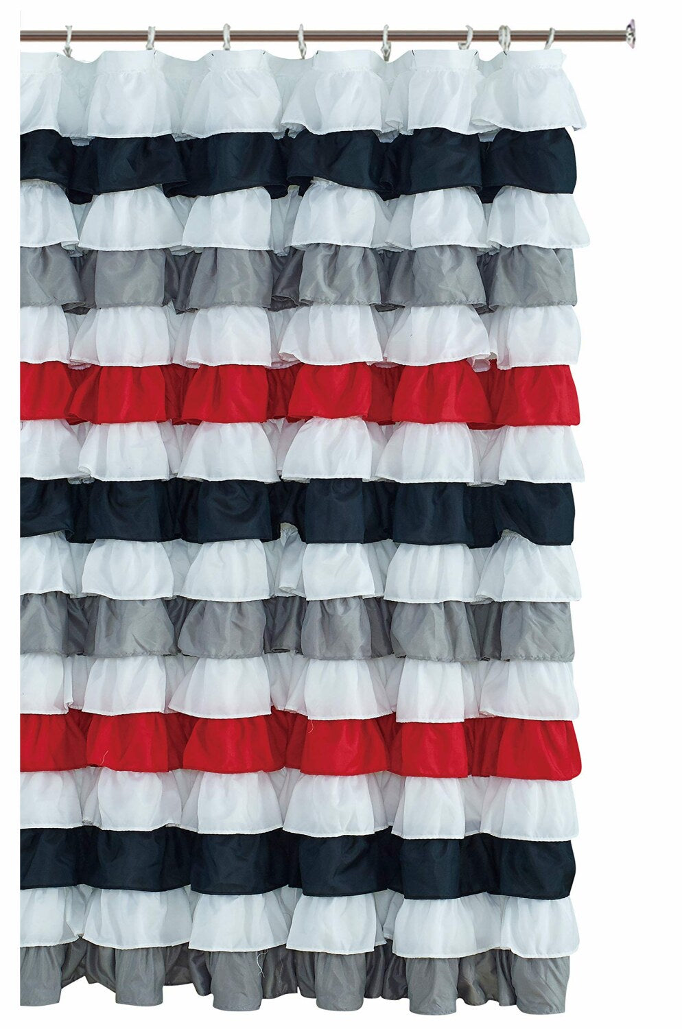Waterfall Ruffled Fabric Shower Curtain 72x72 Black/Red