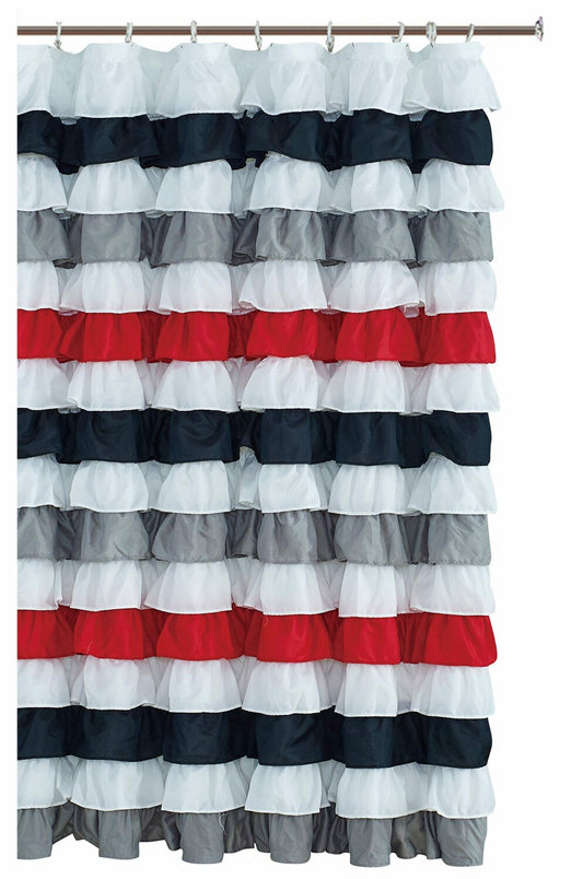 Waterfall Ruffled Fabric Shower Curtain 72x72 Black/Red