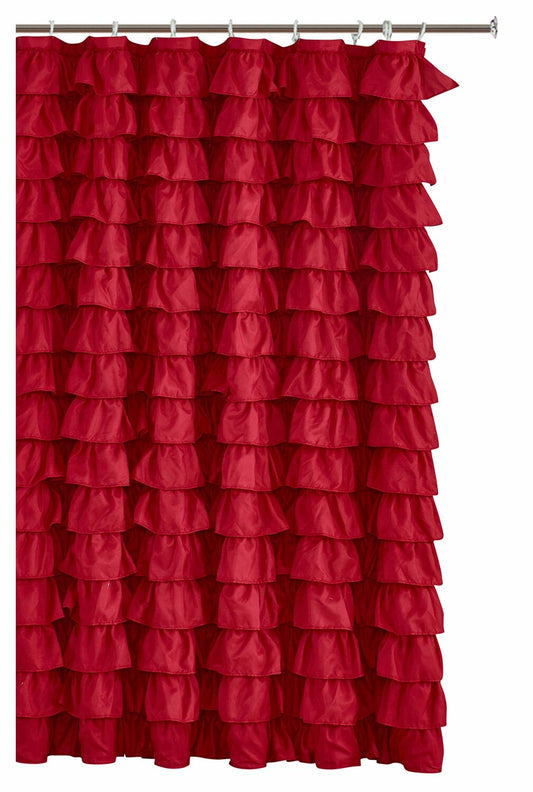Waterfall Ruffled Fabric Shower Curtain 72x72 Red