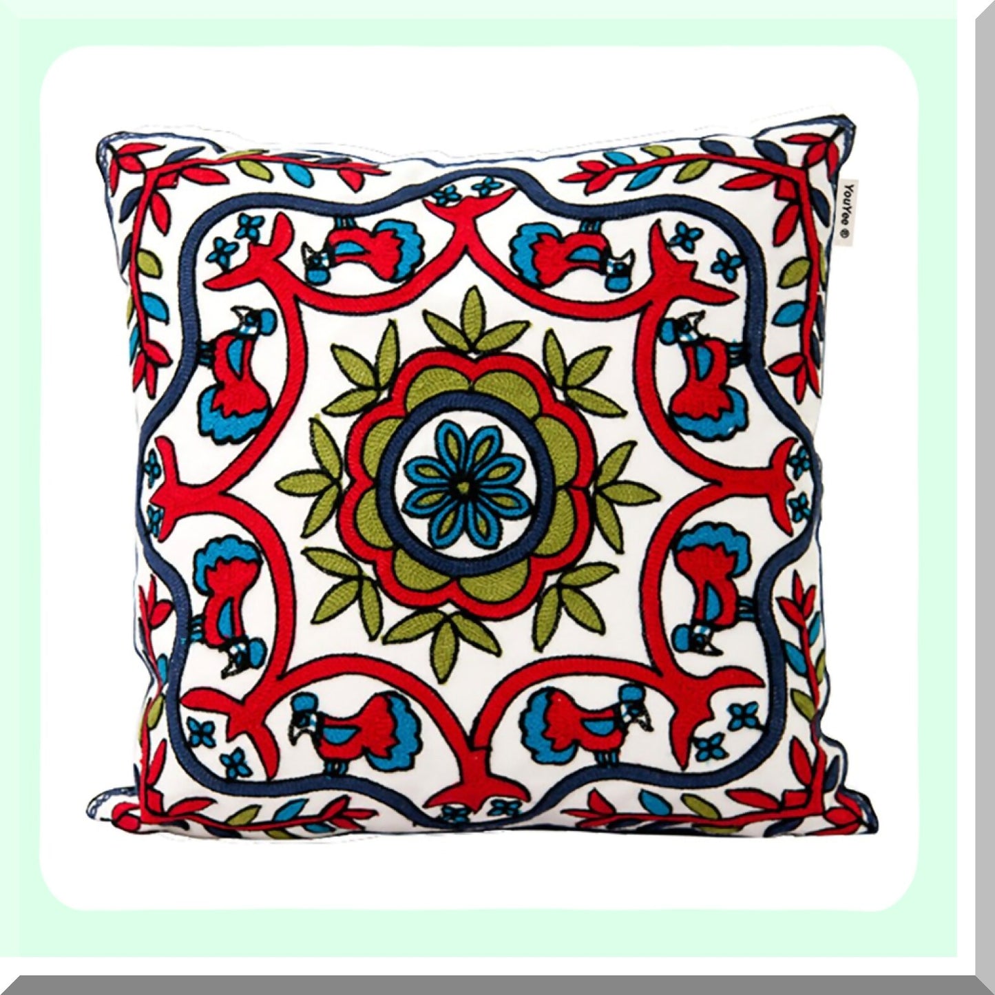 Bohemian Flower Embroidery Cushion Cover - Symmetrical Pattern Square Throw Pillow Case for Home Decor - Handmade National Housewarming Decoration