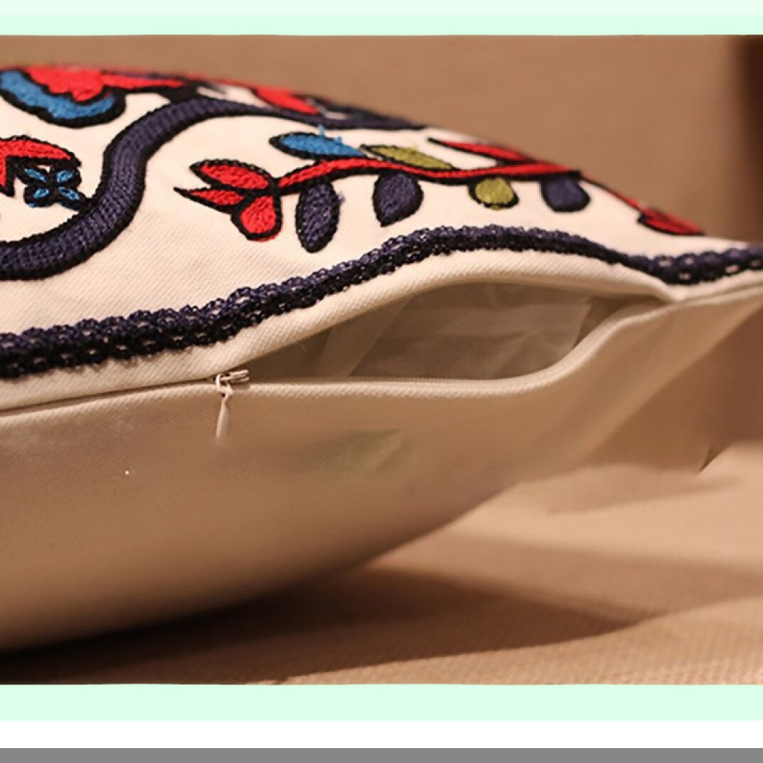 Bohemian Flower Embroidery Cushion Cover - Symmetrical Pattern Square Throw Pillow Case for Home Decor - Handmade National Housewarming Decoration