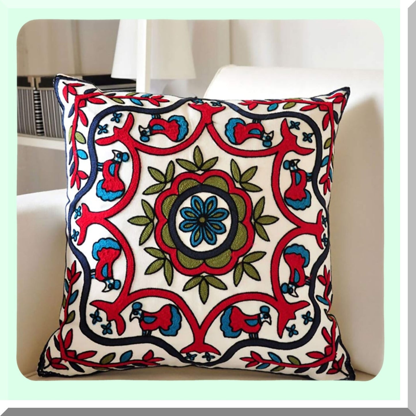 Bohemian Flower Embroidery Cushion Cover - Symmetrical Pattern Square Throw Pillow Case for Home Decor - Handmade National Housewarming Decoration