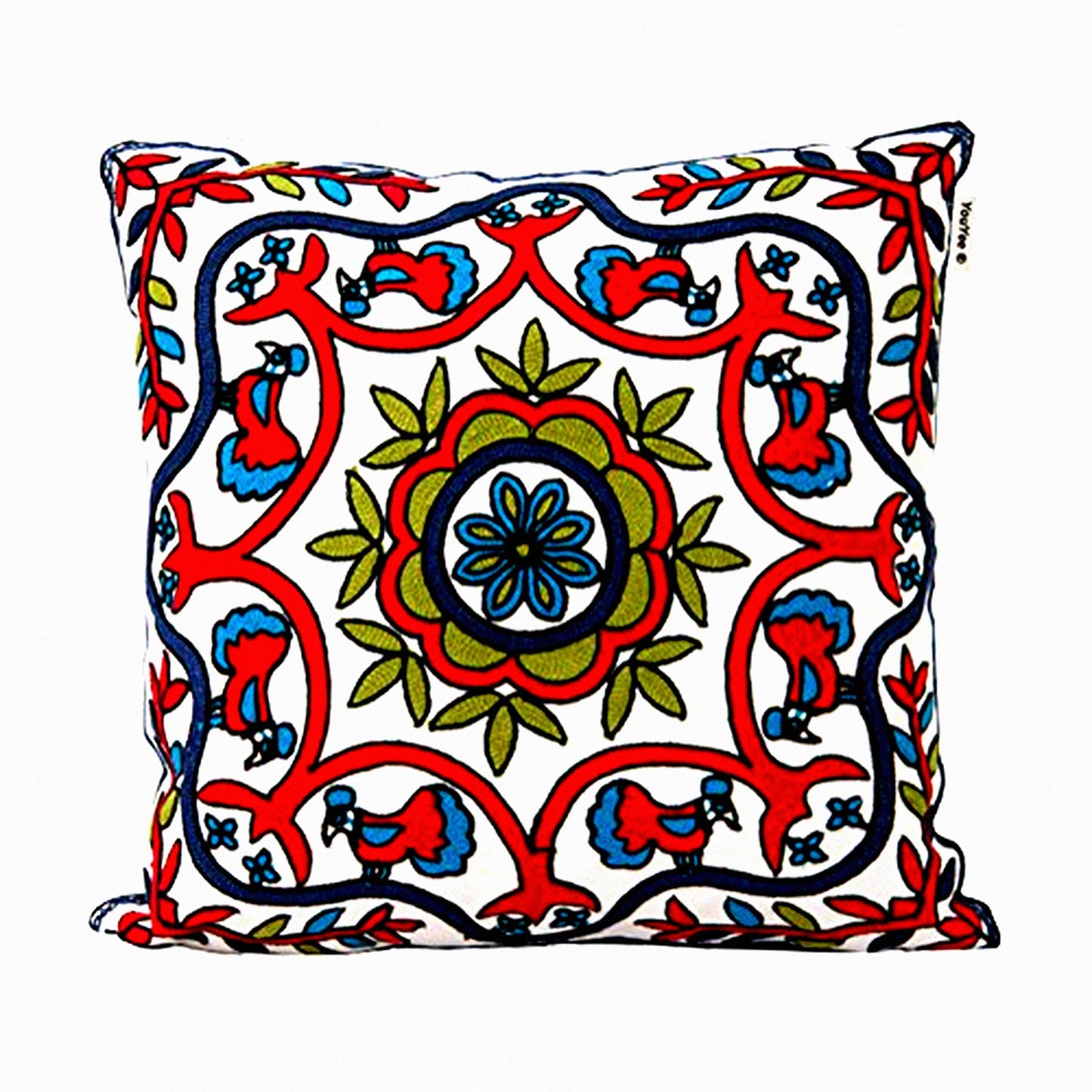 Bohemian Flower Embroidery Cushion Cover - Symmetrical Pattern Square Throw Pillow Case for Home Decor - Handmade National Housewarming Decoration
