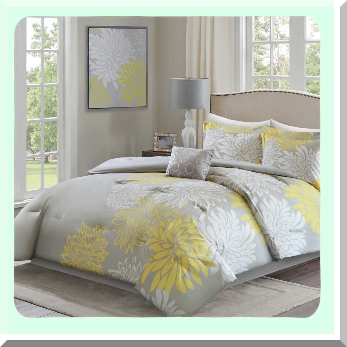 Floral Bliss Comforter Set - All Season Down Alternative Bedding with Matching Shams, Bedskirt, and Decorative Pillows for Queen Size Bed, Yellow