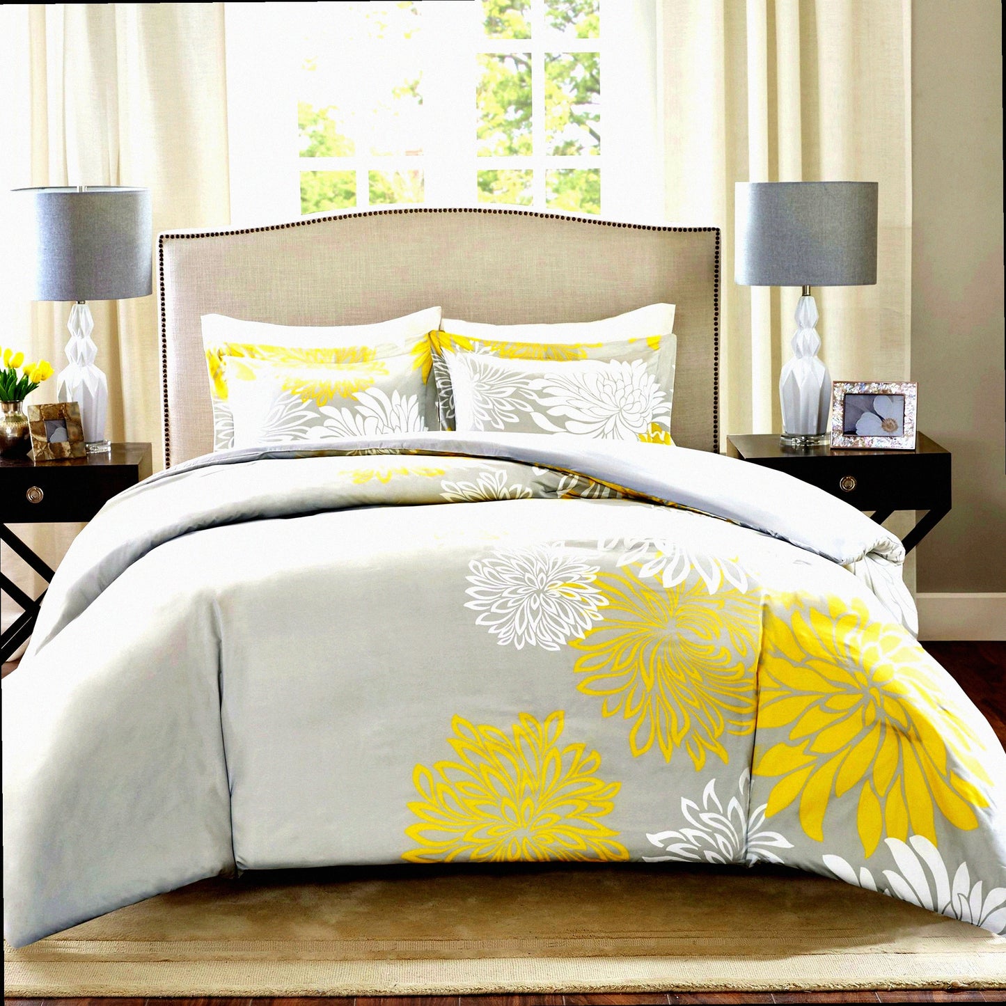 Floral Bliss Comforter Set - All Season Down Alternative Bedding with Matching Shams, Bedskirt, and Decorative Pillows for Queen Size Bed, Yellow