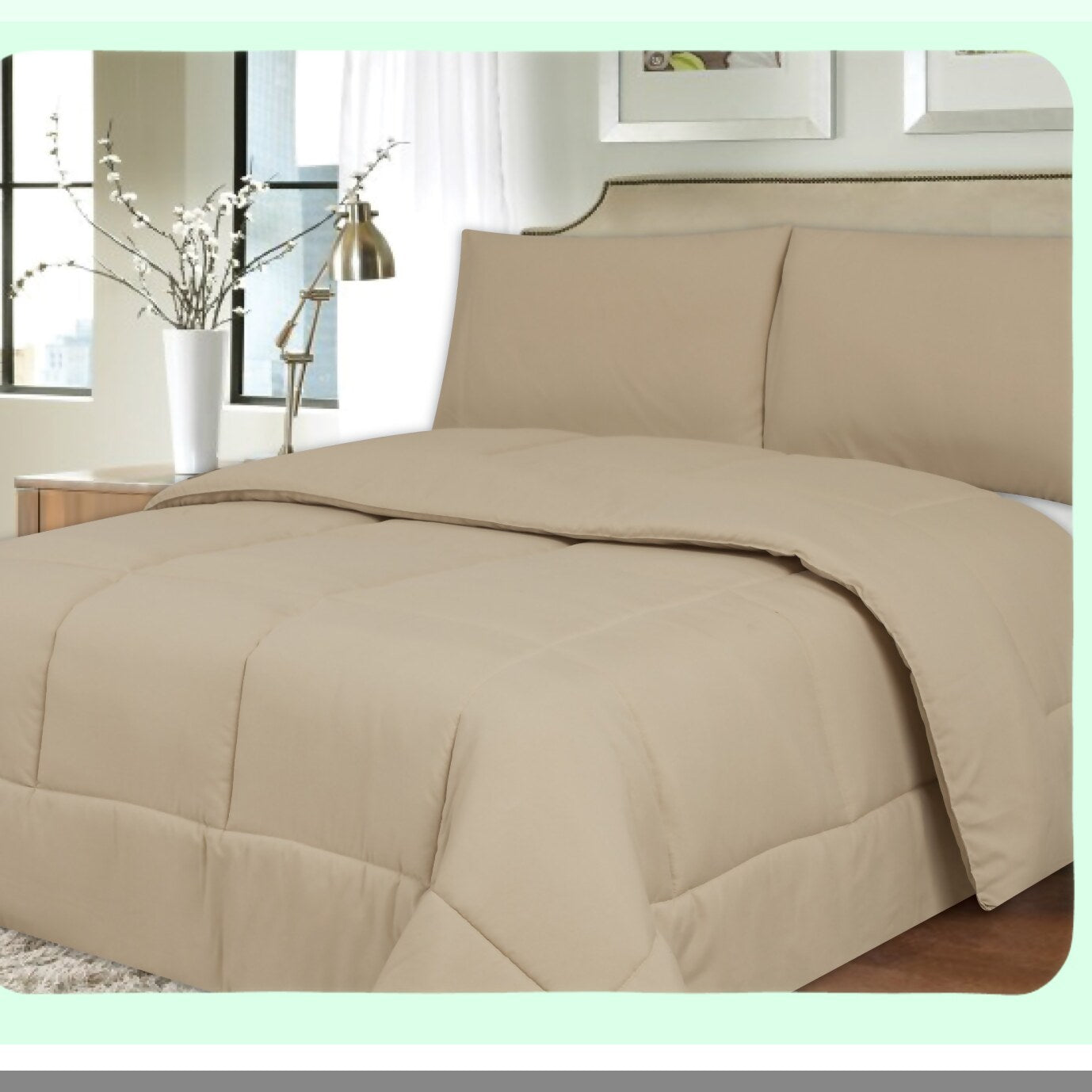Luxury Plush Microfiber Full Comforter - Hypoallergenic Polyester Bedding with Box Stitch Design for Ultimate Comfort and Style in Beige
