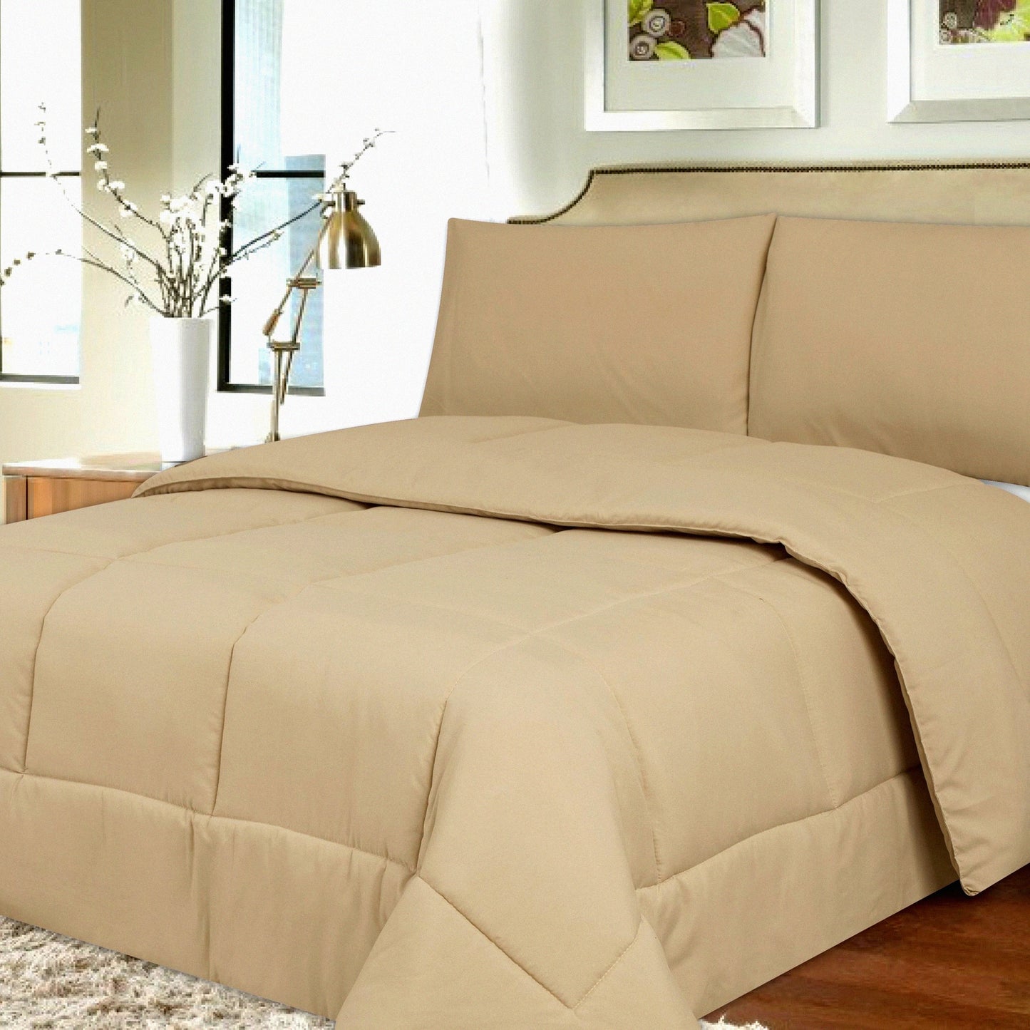 Luxury Plush Microfiber Full Comforter - Hypoallergenic Polyester Bedding with Box Stitch Design for Ultimate Comfort and Style in Beige