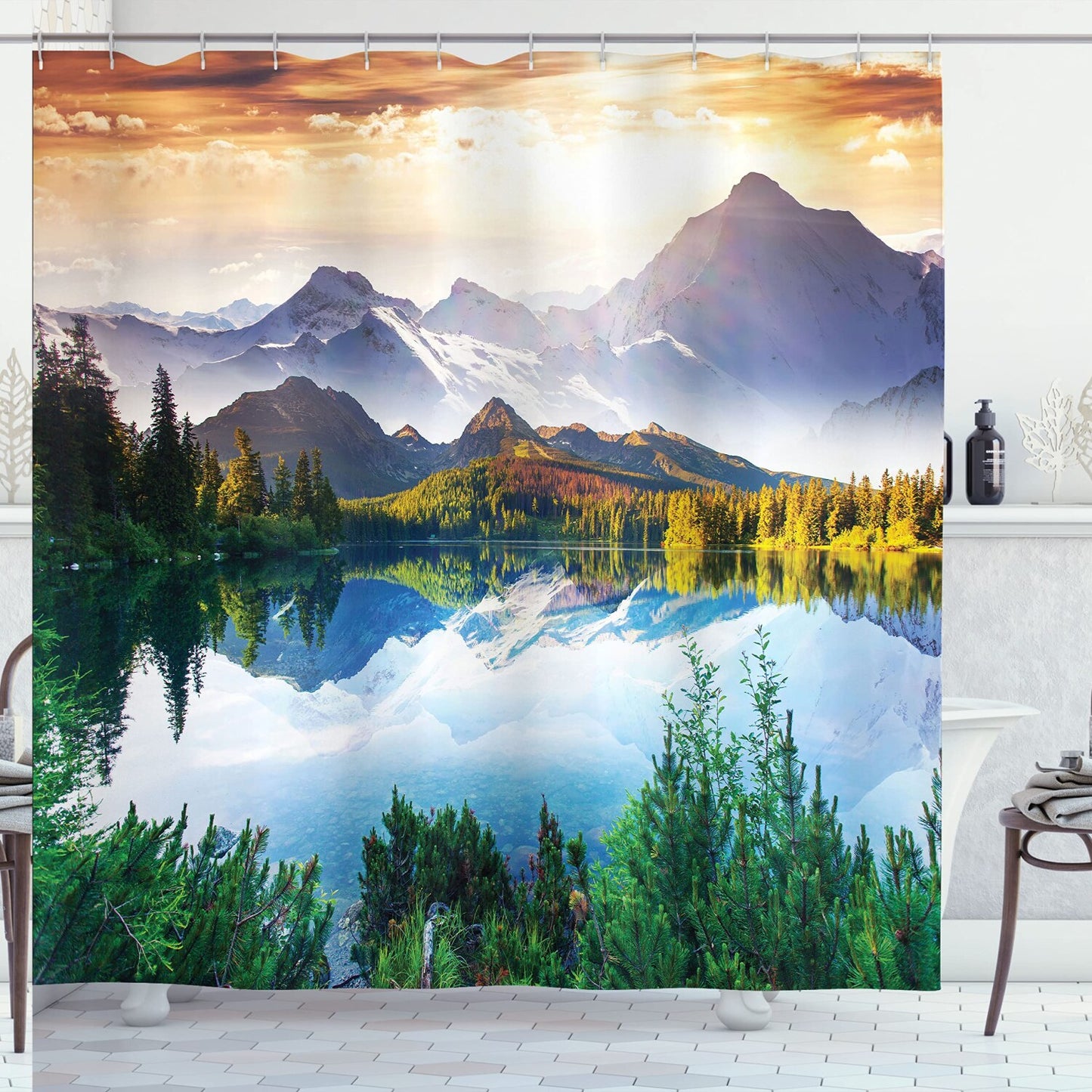 Mountain Lake View Sunny Day Shower Curtain 70x69 Inches