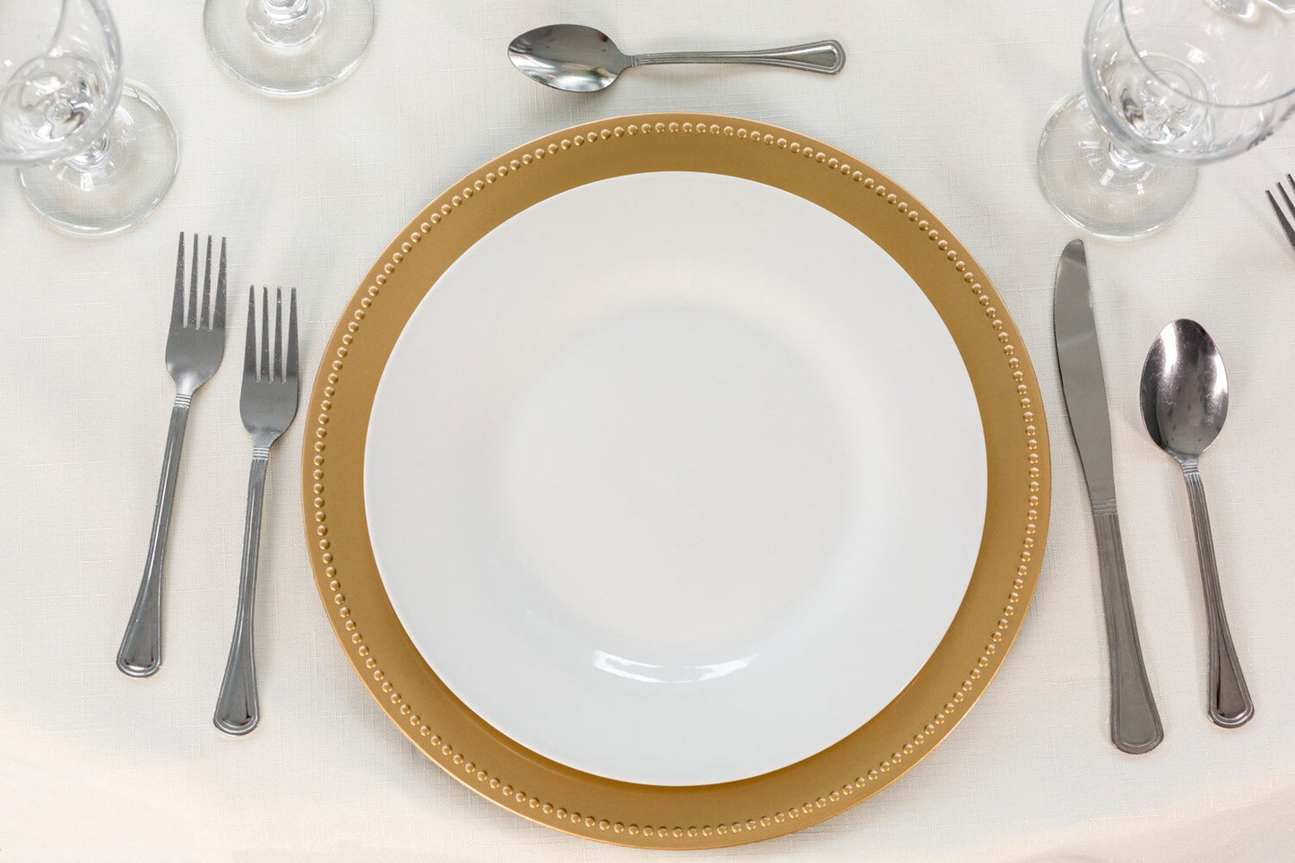 Gold Plastic Charger Plates with Beaded Rims, 13 in. (Pack of 12)