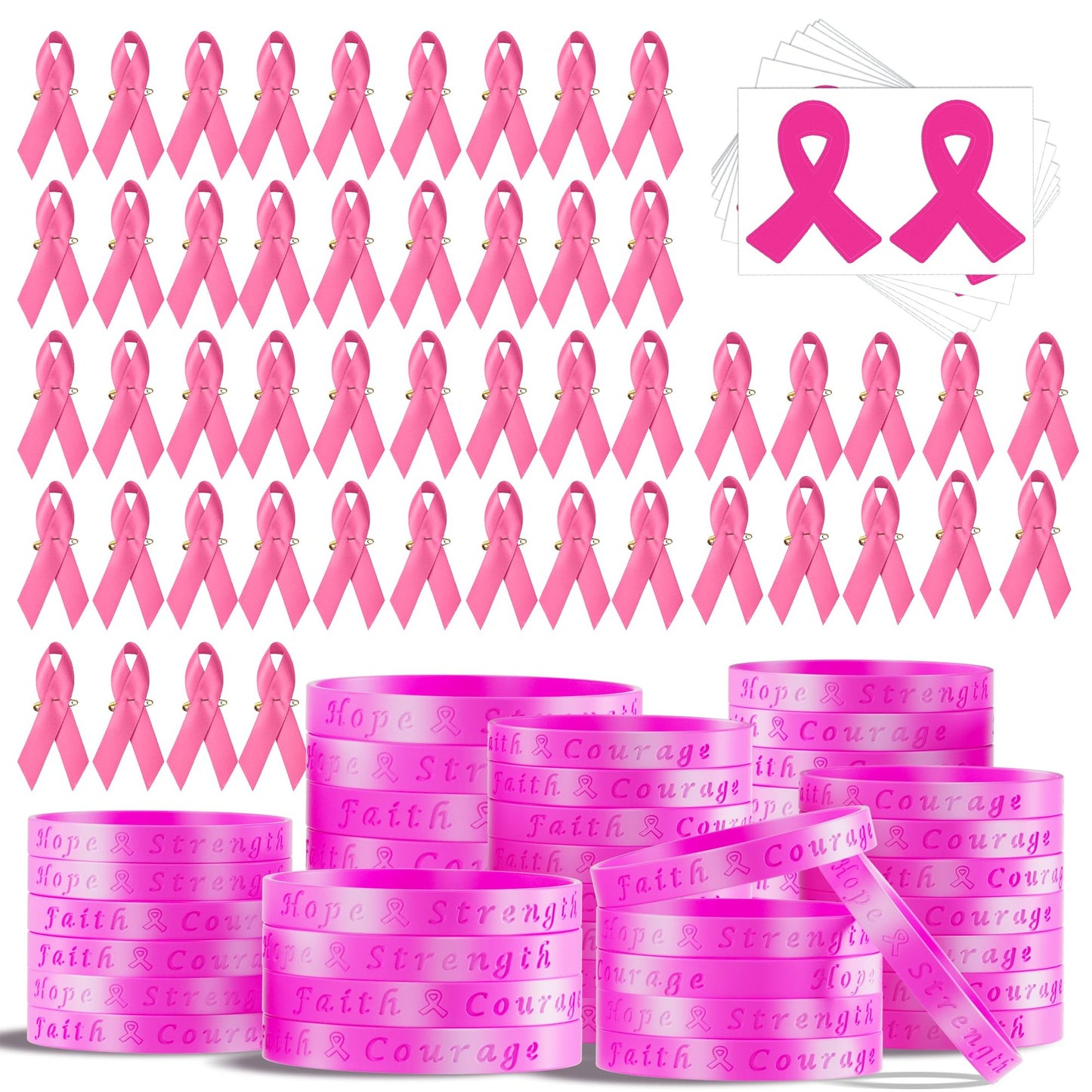 Pink Ribbon Power Pack - Breast Cancer Awareness Kit with Bracelets, Pins, and Stickers for Survivor Campaigns and Charity Events. Support the Cause!