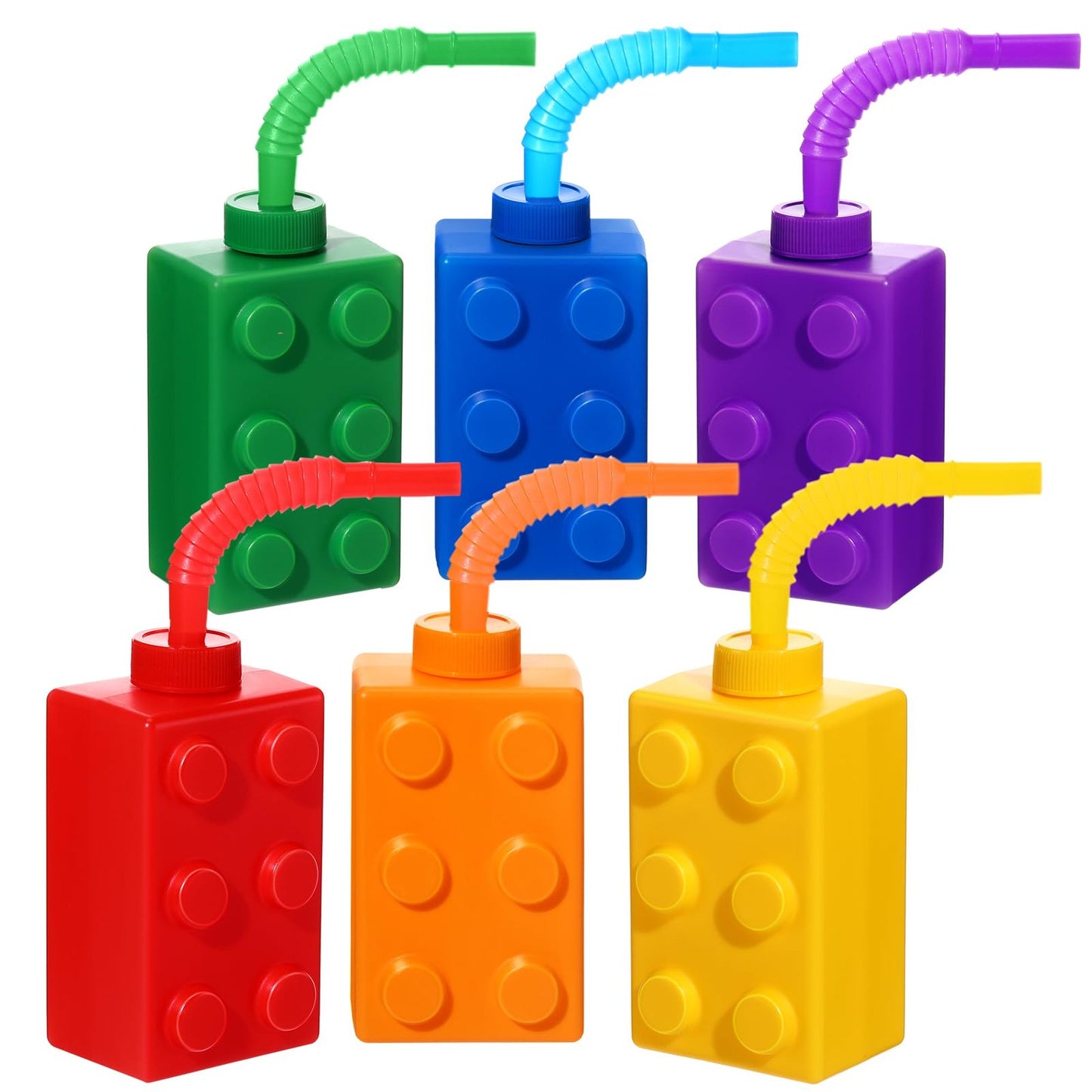 Block Party Cups - 10 oz Reusable Brick Cups with Lids and Straws for Kids - Building Blocks Birthday Supplies Favors (6 Set)