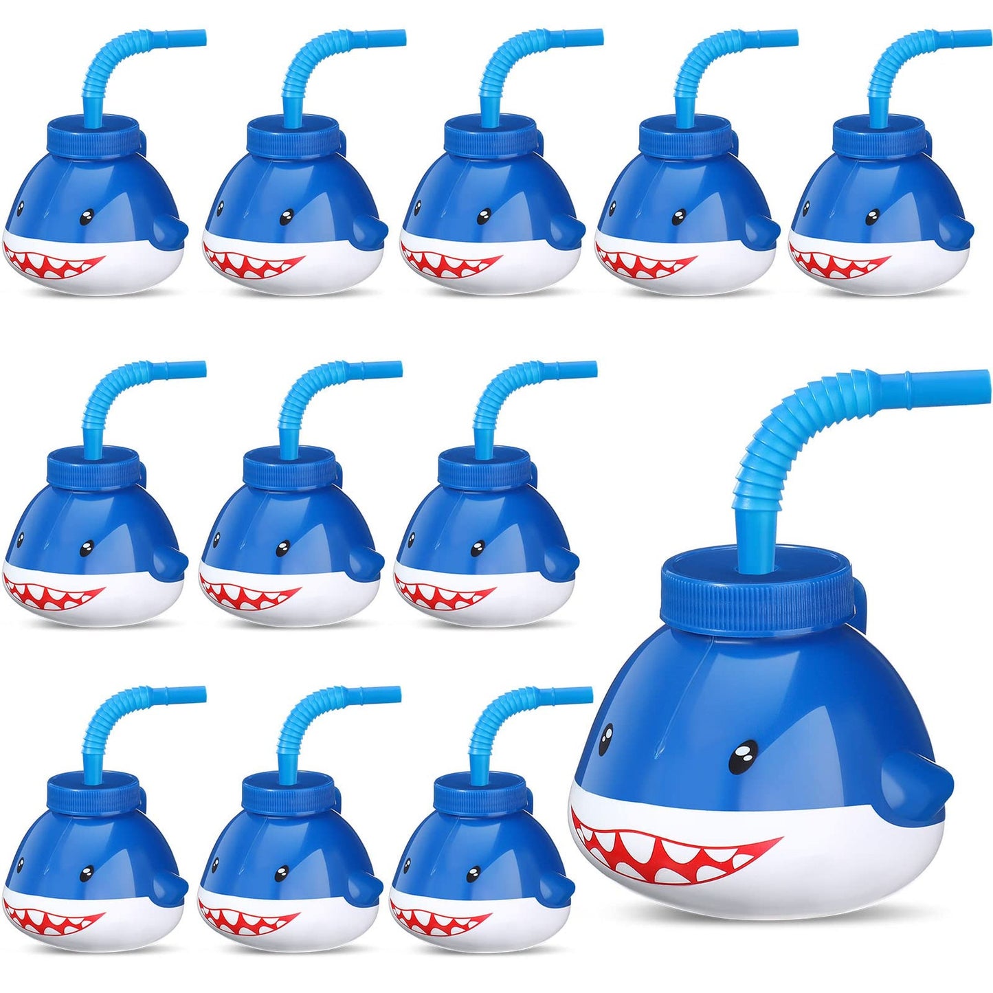 Shark Splash Cups - 10 oz Reusable Kids Sippy Cups with Straws & Lids for Boys & Girls - Ocean Pool Party Decorations & Favors - Set of 12