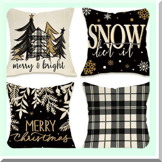 Winter Wonderland Plaid Pillow Cover Set - Set of 4 Black Xmas Tree Cushion Cases - Let It Snow Holiday Farmhouse Decor - 18x18 Outdoor Pillowcase