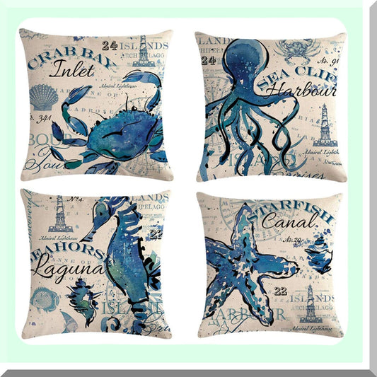 SeaLife Decor Pillow Covers - Set of 4 Ocean Theme Throw Pillowcases with Starfish, Seahorse, Octopus, and Crab Designs - Beach Cushion Covers 18x18
