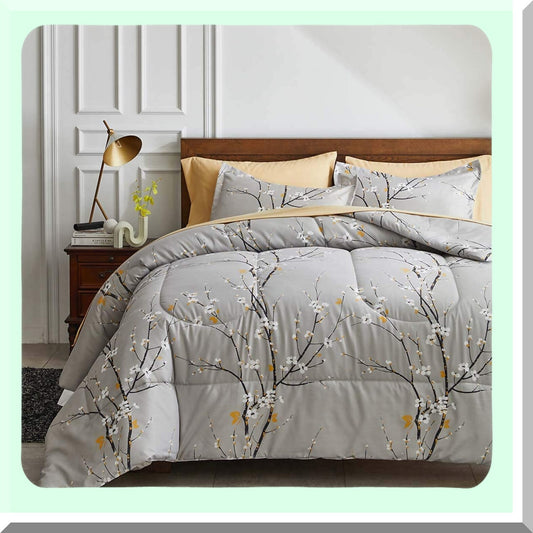 Winter Bloom Tree Branch 6-Piece Twin Size Bedding Set - Gray Comforter, Pillow Shams, Tan Sheets, Pillowcases - Cozy and Stylish Bedroom Decor
