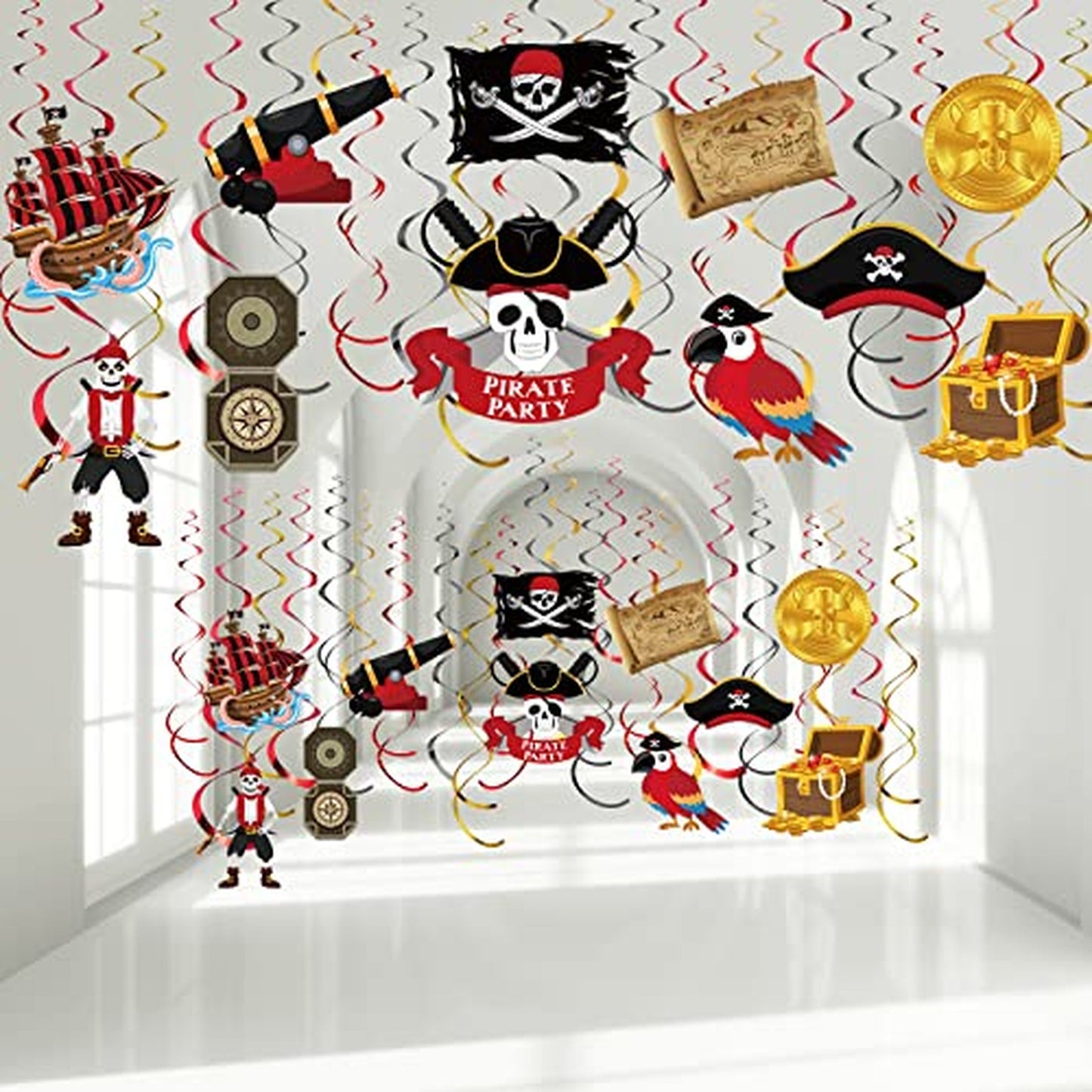Pirate Party Swirls Set - 52 Pcs Pirate Theme Ceiling Wall Spiral Streamer with Captain Hat, Parrot Treasures for Nautical Caribbean Birthday Party
