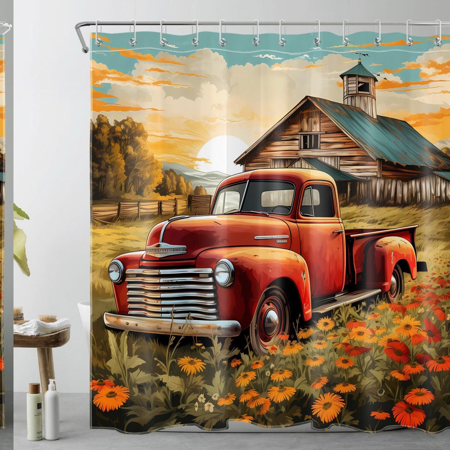 Vintage Red Truck Farmhouse Shower Curtain 72x72