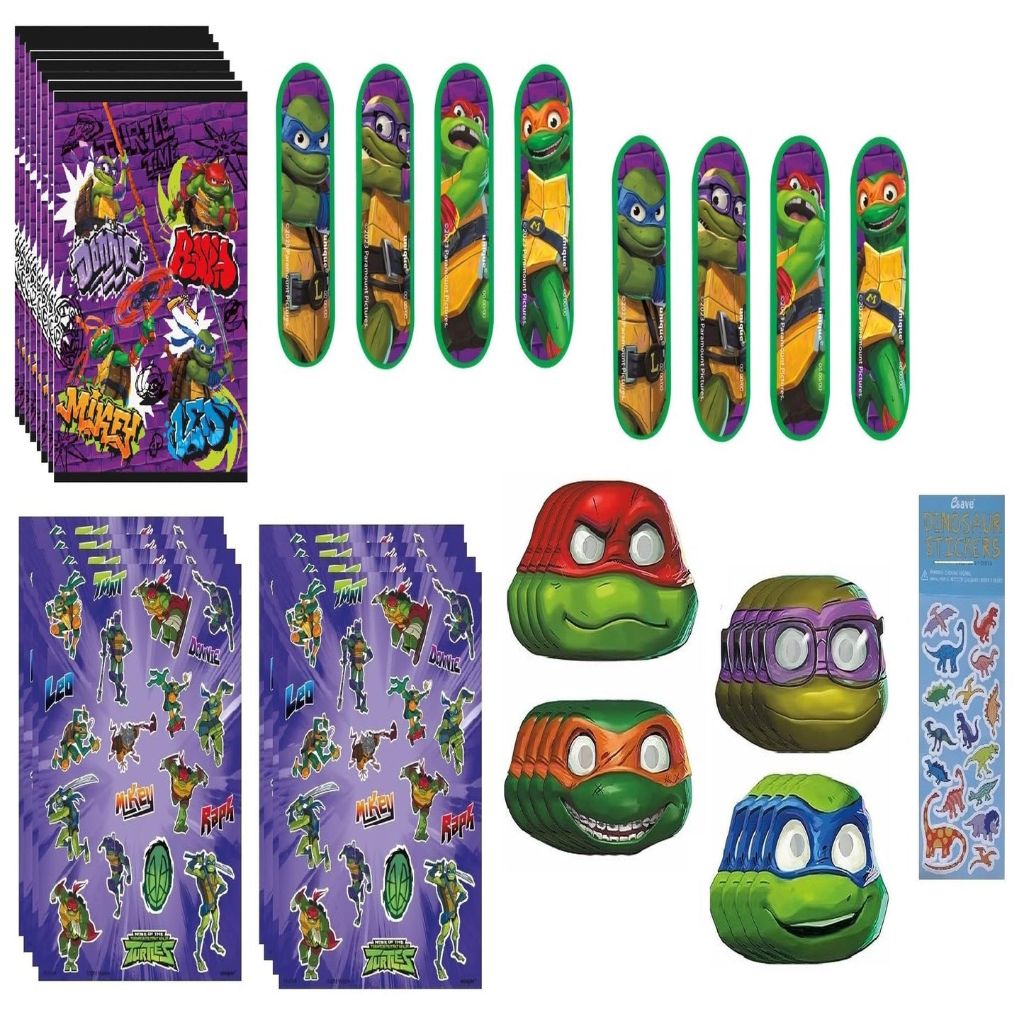 Ninja Turtles Birthday Bash Pack - 8 Favor Bags, Party Paper, Sticker Sheets, Mini Skateboards, Dino Sticker Sheet - Ultimate Teenage Mutant Ninja Turtles Party Supplies!