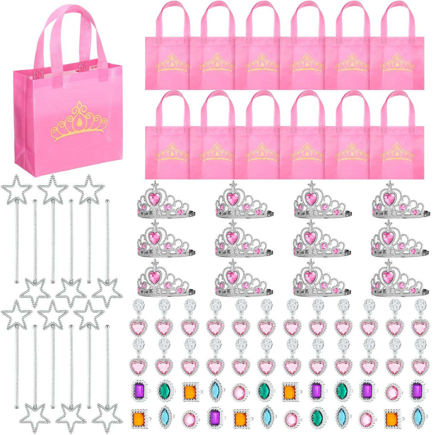 Princess Crown Jewels Set - 72 Pcs Pretend Jewelry Toys for Girls: Crowns, Tiaras, Rings, Earrings, Wands, Goodie Bags - Perfect for Princess Party!